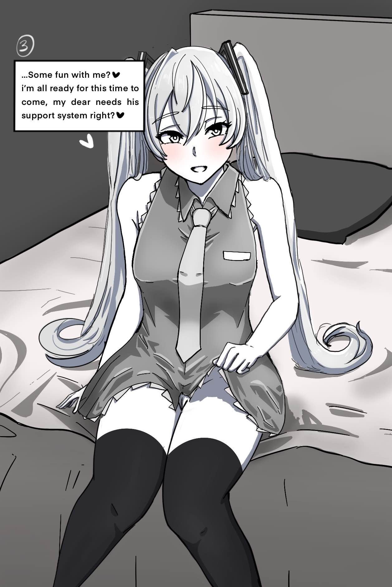 1boy 1girls anal anal_only anal_princess anal_sex blush english_text grayscale hatsune_miku inviting_to_sex meeow68 no_panties on_bed seductive_look shirt_lift smile stockings thick_thighs tie twintails vocaloid