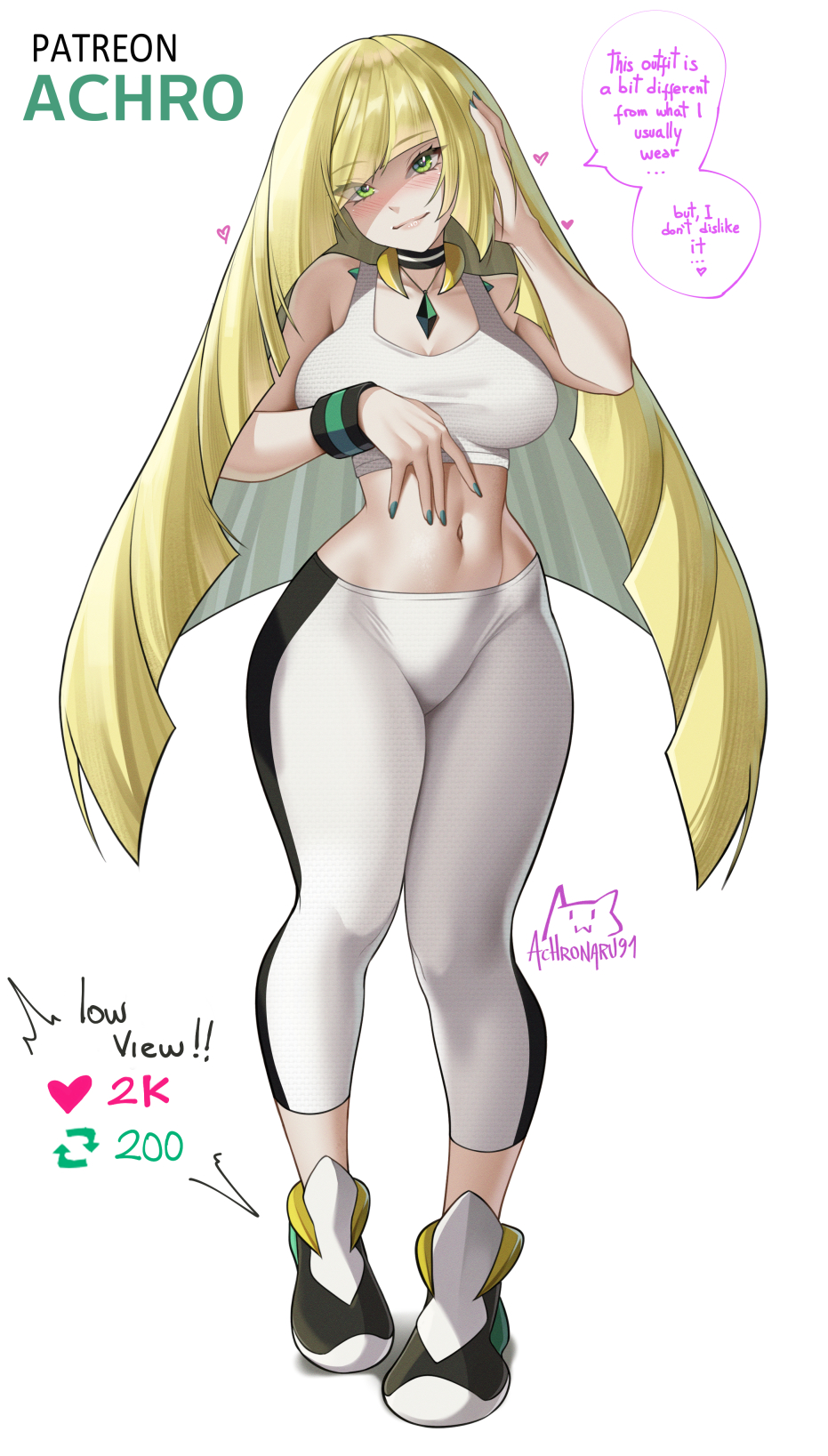 1girls, achromaru, alternate breast size, blonde hair, breasts, dialogue, english text, female, green eyes, large breasts, light skin, light-skinned female, long hair, lusamine (pokemon), mature female, milf, mother, nintendo, pokemon, pokemon sm, sports bra, sportswear, yoga pants
