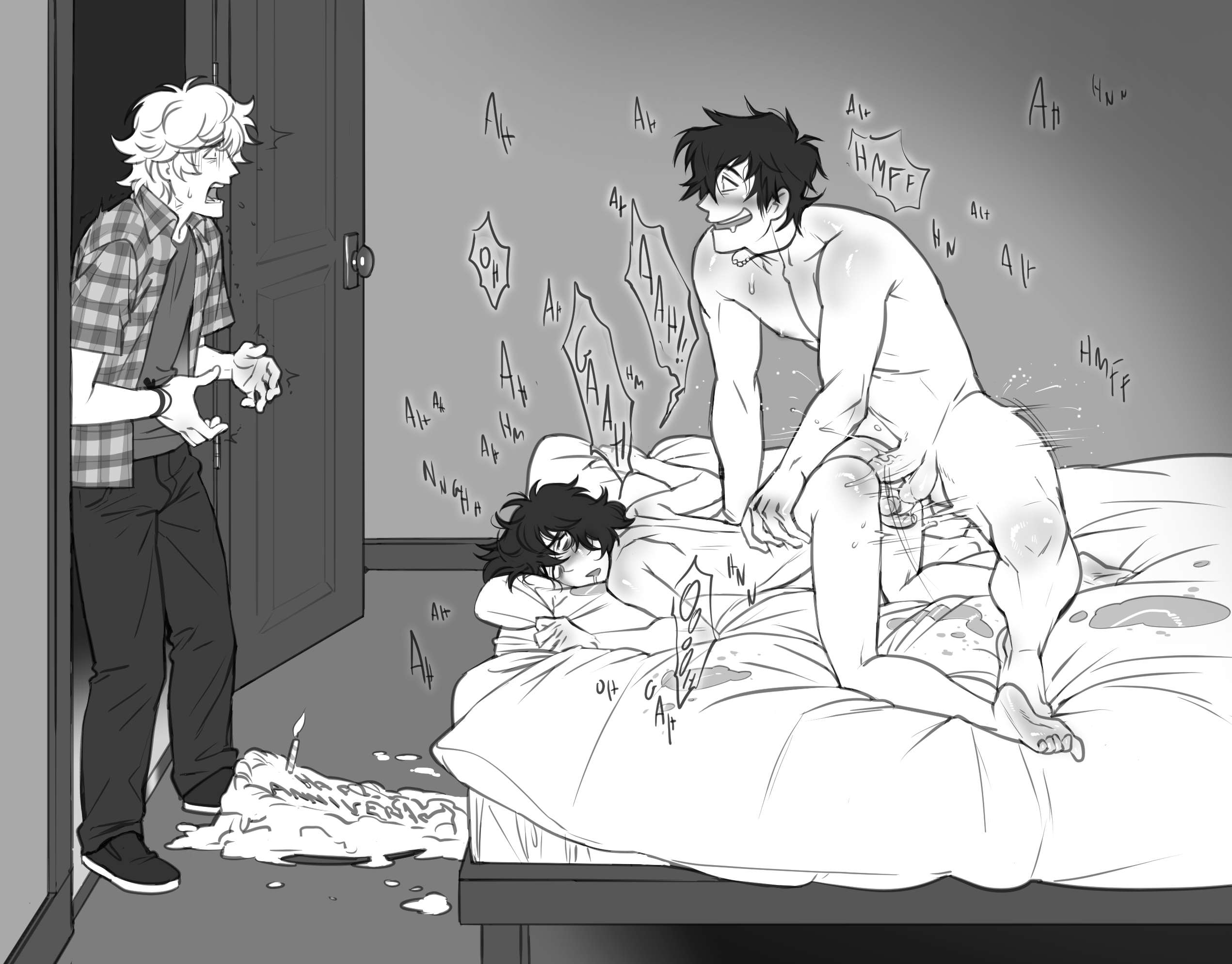 3boys, anal, anal sex, black hair, blonde hair, cheating, doggy style, gay, gay male, gay sex, greyscale, lacryboy, male, male only, moaning in pleasure, monochrome, nico di angelo, nude, nude male, nude male clothed male, percy jackson, percy jackson and the olympians, sex, sweat, tagme, walked in on, will solace, yaoi