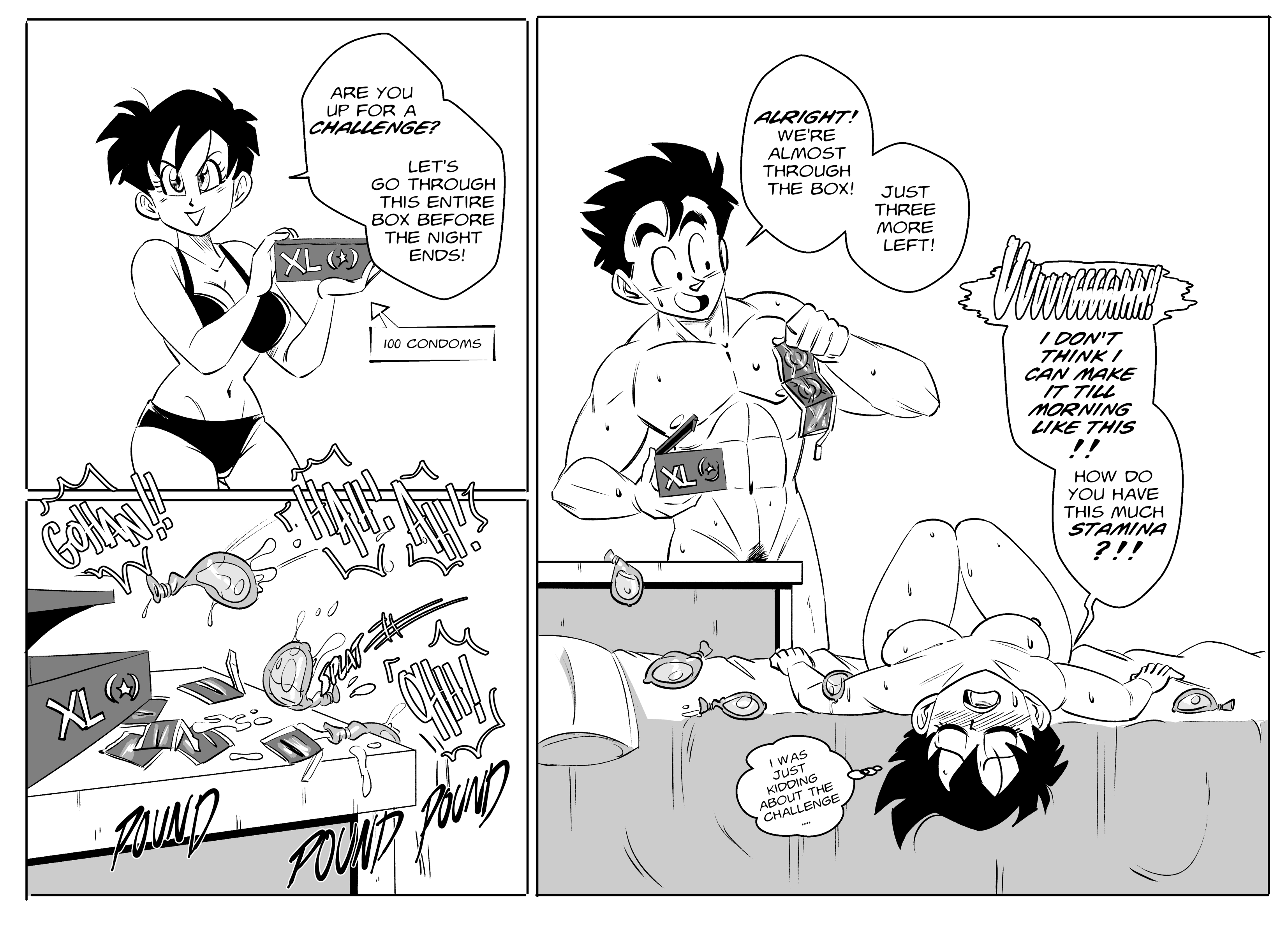 1boy, 1girls, bed, black and white, bra, breasts, condom, condom wrapper, dragon ball, dragon ball z, english text, female, filled condom, funsexydragonball, male, nipples, on back, on bed, panels, panties, son gohan, speech bubble, text, videl