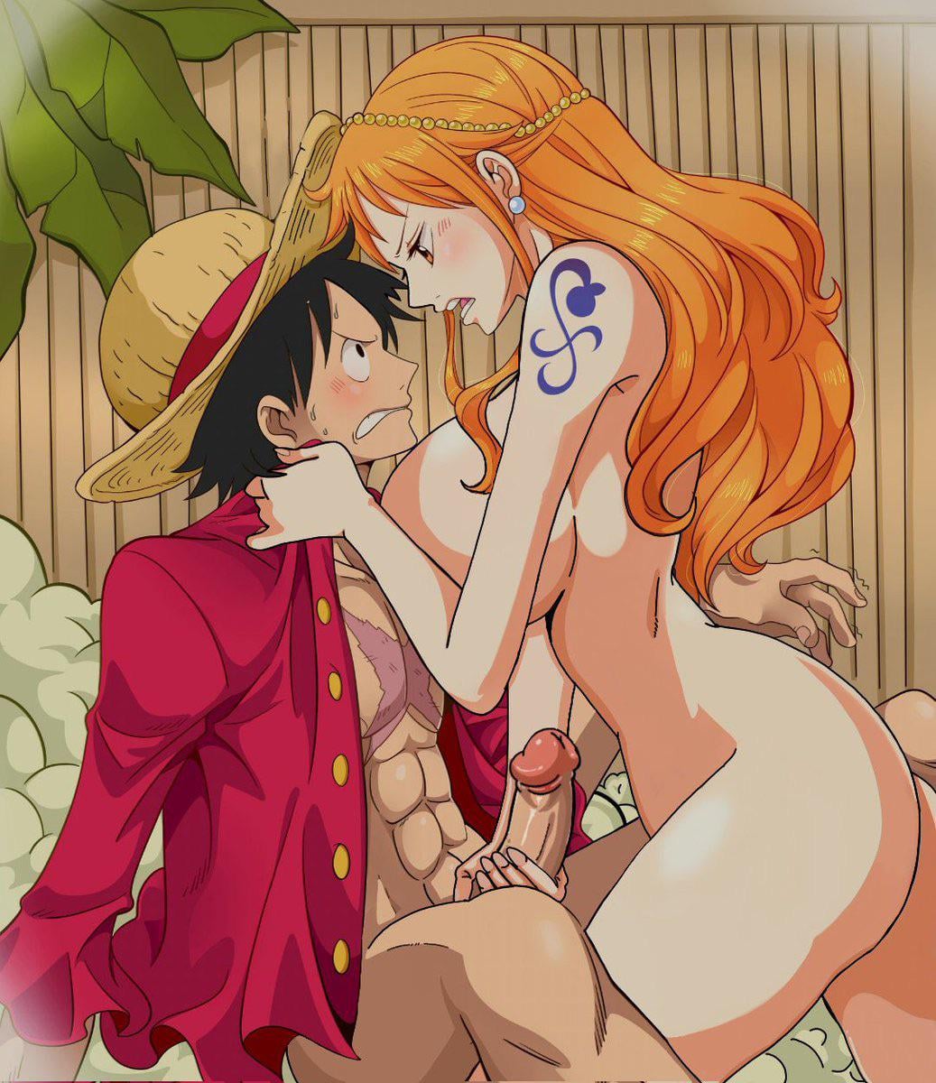 before_sex big_ass big_breasts big_penis blush chandllucky curvy_female edit female grabbing_penis male monkey_d_luffy muscular_male nami one_piece orange_hair post-timeskip third-party_edit