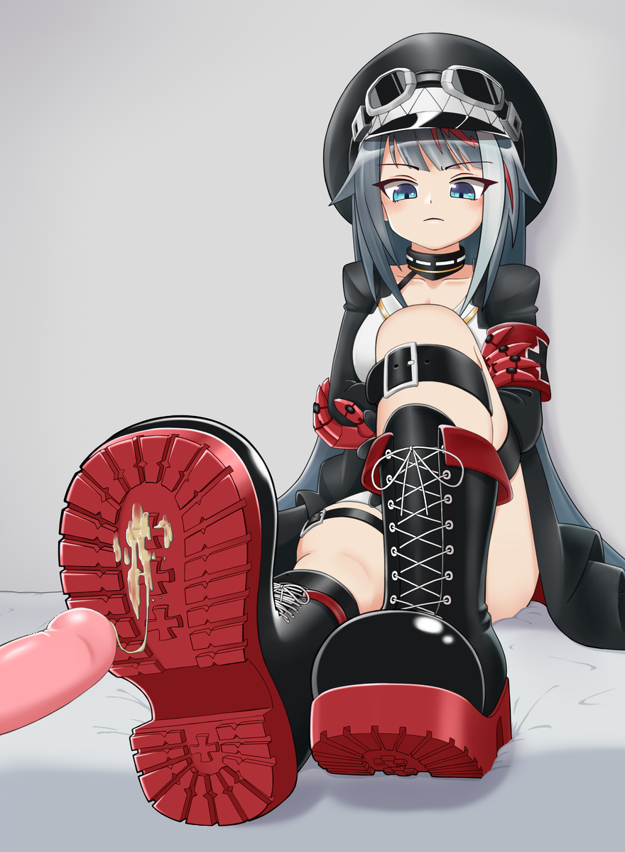 1boy 1girls arms_crossed azur_lane bootjob boots clothed_female cum cum_on_boots cum_on_soles cum_string deutschland_(azur_lane) femdom footjob iron_blood_(azur_lane) lace-up_boots laced_boots leg_strap light-skinned_female light-skinned_male light_skin mumum_(mumum_crs) offscreen_character offscreen_male penis platform_boots shoejob third-party_edit