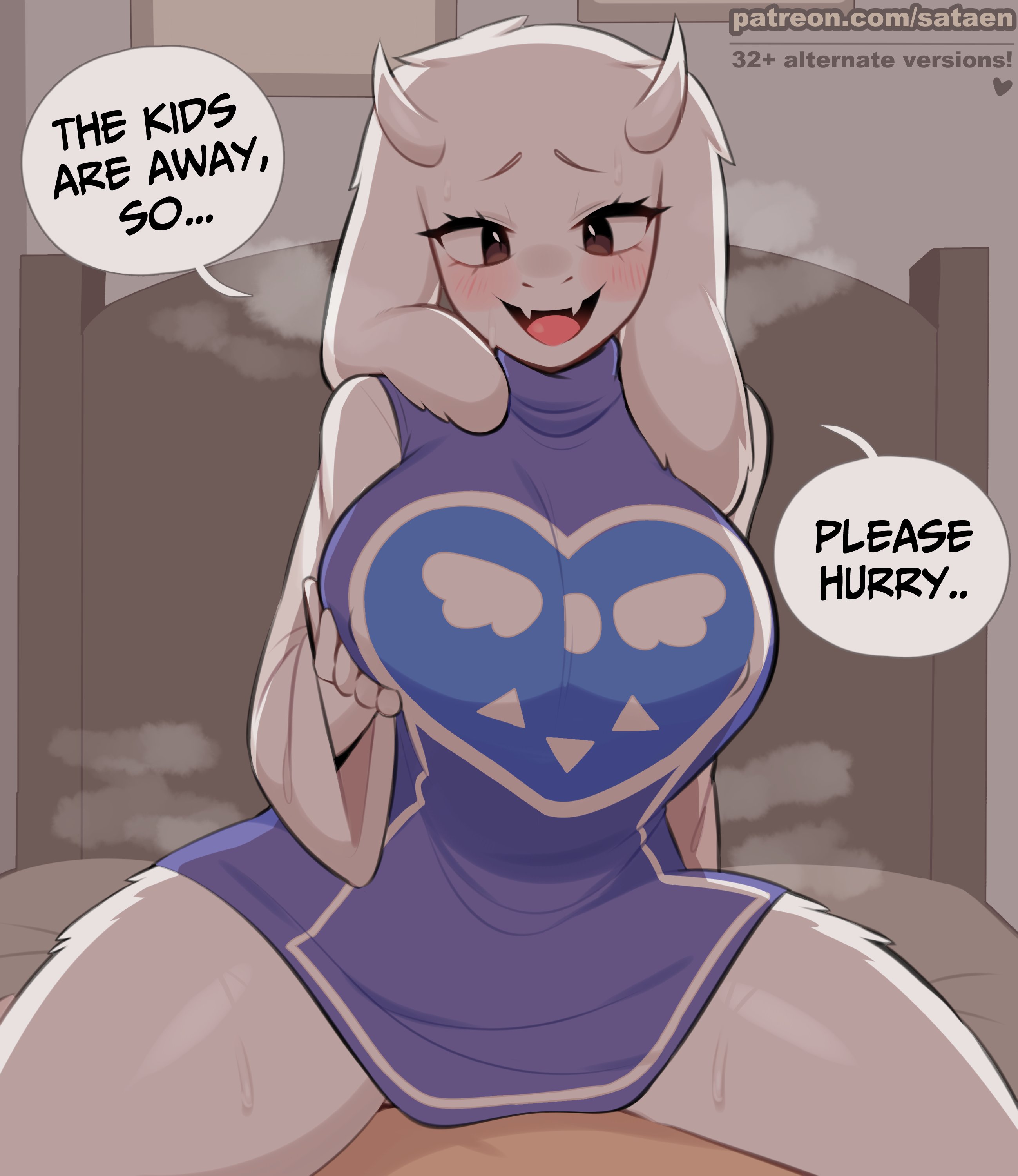 1girls, 2024, 2d, anthro, blush, breast grab, breasts, brown eyes, caprine, english text, female, furry, heavy breathing, horns, humanoid, imminent sex, large breasts, looking at viewer, open mouth, patreon username, pov, sataenart, smile, steam, steaming body, straddling, sweat, tagme, talking, talking to viewer, text, thick thighs, thighs, toriel, turtleneck dress, undertale, undertale (series), visible breath, watermark, white fur