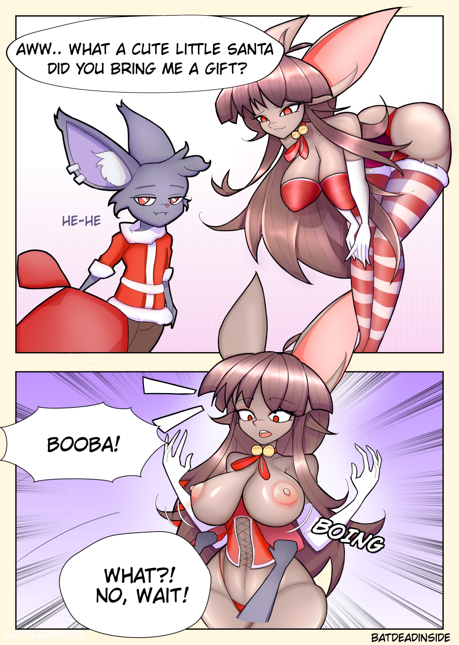 anthro bat batdeadinside big_ears breasts christmas christmas_clothing clothing comic dialogue duo female hi_res holidays male male/female mammal nude nude_female size_difference smaller_male taller_female