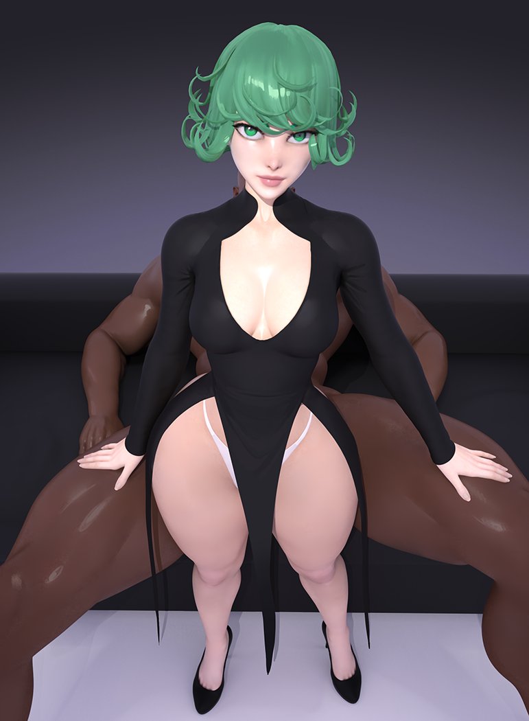 1boy 1girls 3d breasts cleavage dark-skinned_male dark_skin female female_focus green_eyes green_hair interracial looking_at_viewer one-punch_man popogori superalloy_darkshine tatsumaki thick_thighs thong unseen_male_face voluptuous white_thong