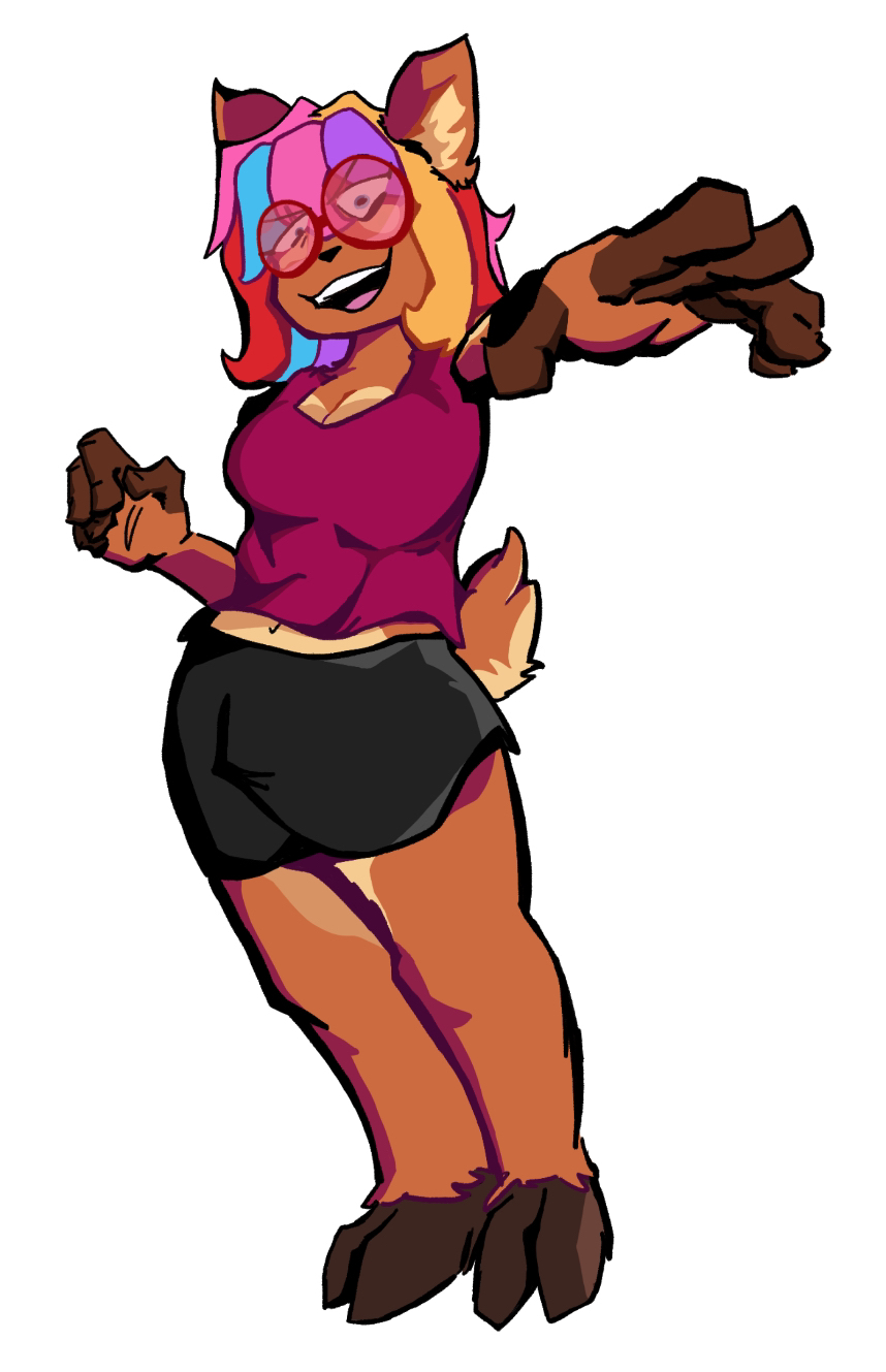 anthro baggy_clothing baggy_pants brown_fur deer deer_ears deer_girl glasses hooved_fingers hooves melody_nosurname multicolored_hair purple_shirt round_glasses skirt tagme tail youtube youtuber