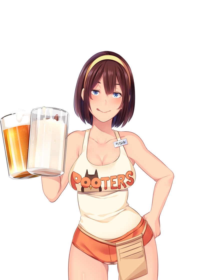 ;q bare_arms bare_legs bare_shoulders beer beer_mug blue_eyes blush breasts brown_hair butcha-u cleavage closed_mouth crotchless cum cum_in_container cum_in_cup cup delightfully_fuckable_and_unrefined!! drinking_glass eyelashes female game_cg hair_between_eyes hairband hand_on_hip hand_up holding holding_drinking_glass holding_glass hooters kenzen!_hentai_seikatsu_no_susume large_breasts legs licking_lips looking_at_viewer maezono_chinami name_tag naughty_face orange_shorts original pubic_hair short_hair short_shorts shorts simple_background sleeveless smile solo standing tank_top thighs transparent_background yellow_hairband