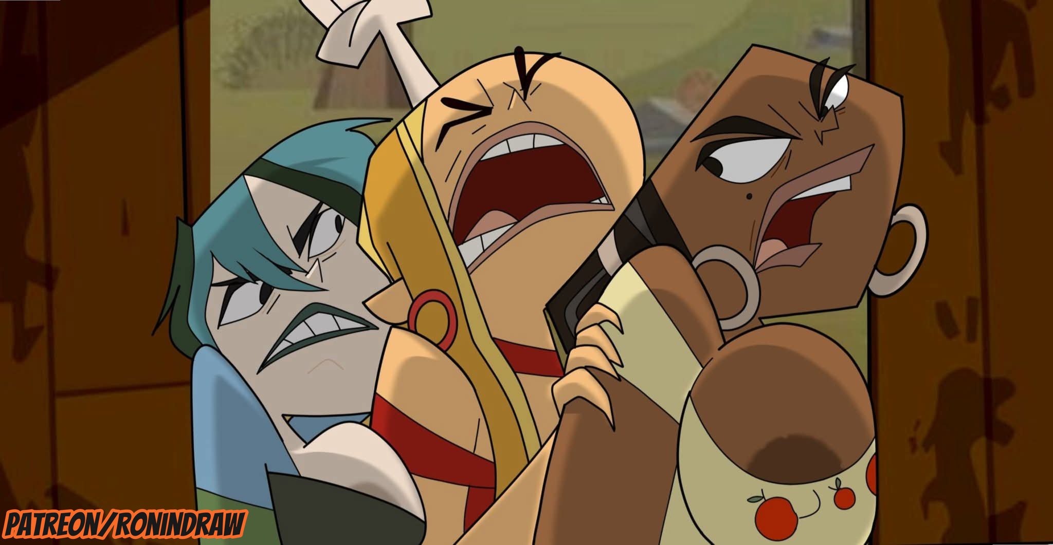 2d, 3girls, areola slip, areolae, blaineley (tdi), bursting breasts, cartoon network, cleavage, female, female focus, female only, gwen (tdi), leshawna (tdi), overflowing breasts, ronindraw, stuck, total drama (series), total drama island