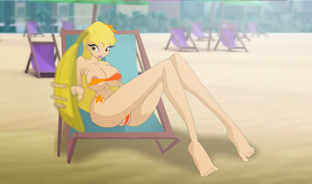 1girls areola ass banana bare_shoulders barefoot beach between_labia big_breasts bikini blonde_hair breasts busty cleavage feet food hourglass_figure innie_pussy large_breasts legs lipstick long_hair mascara nipples princess_stella rainbow_(animation_studio) riffsandskulls sand solo stella_(winx_club) swimsuit teenager thighs toes voluptuous winx_club