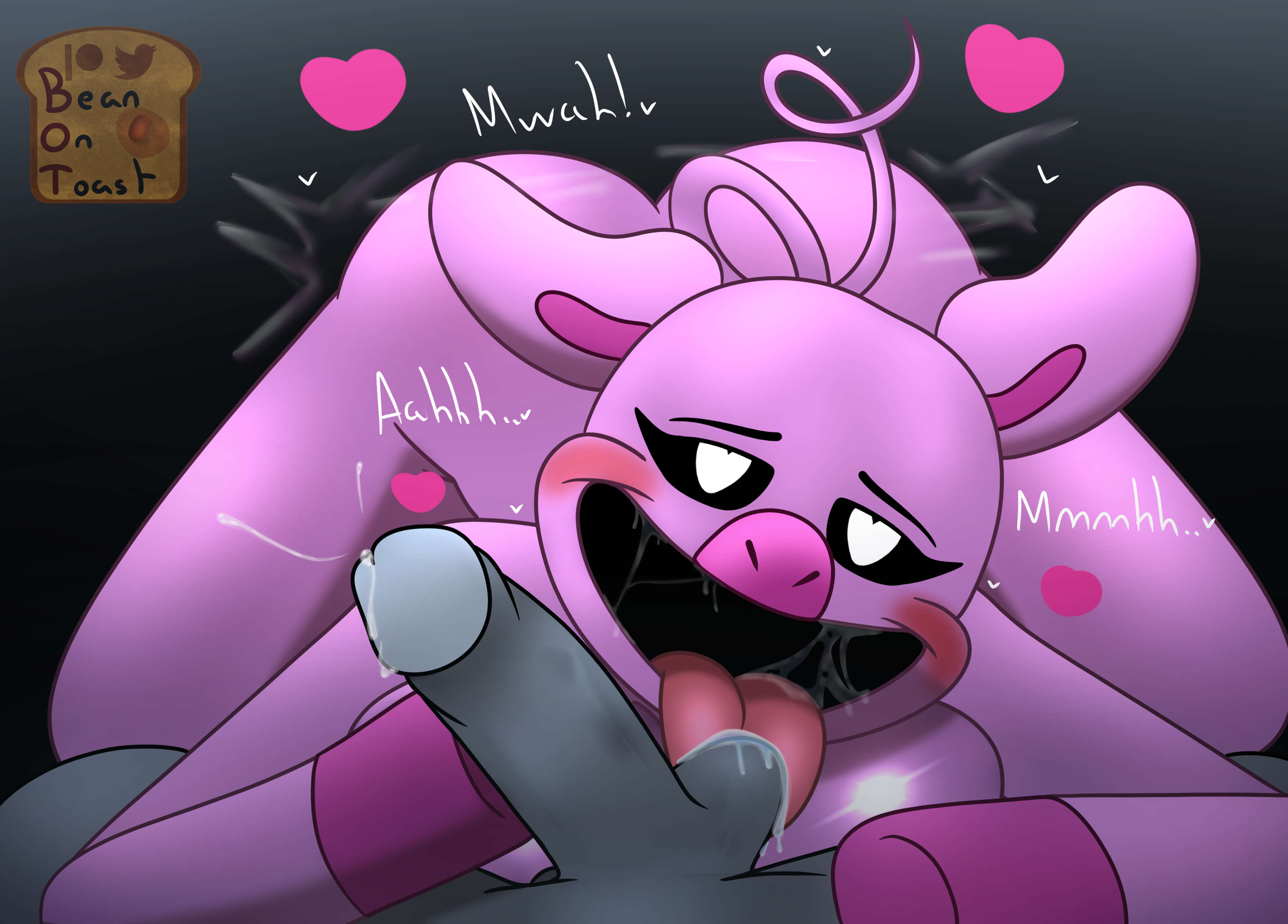 2024, 2d, 2d (artwork), 2d artwork, anthro, ass, ass up, balls, beanontoast, critters (poppy playtime), female, furry only, heart eyes, licking balls, licking penis, looking at viewer, male, mob entertainment, open mouth, penis, penis on face, picky piggy (poppy playtime), pig, pink body, poppy playtime, smile, smiling critters, straight, sus (pig)