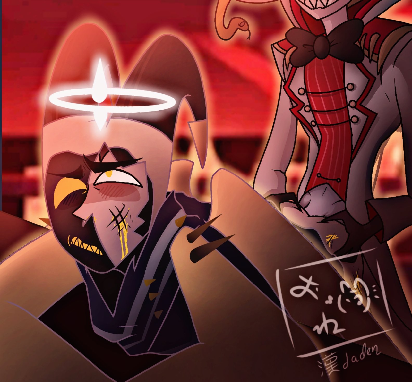 2boys, adam (hazbin hotel), anal, anal sex, angel, angel wings, bowtie, clothed, demon, grabbing ass, halo, hands on ass, hazbin hotel, jaden jpg767, lucifer morningstar (hazbin hotel), male, male only, male penetrating male, mask, sharp teeth, snake, vivienne medrano, wings