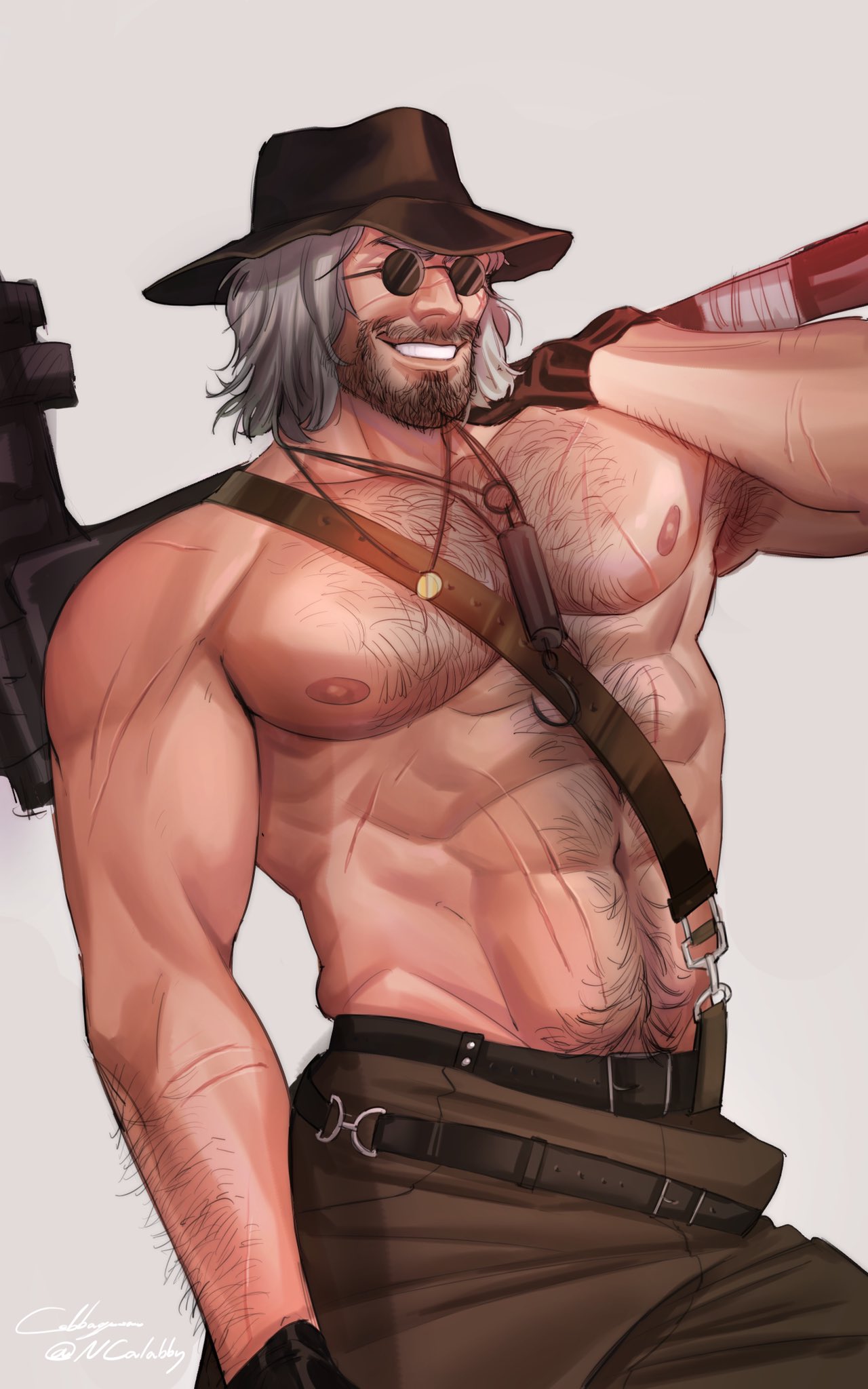 1boy abs bara barazoku digital_painting_(artwork) egabbacc hairy_chest happy_trail karl_heisenberg muscular_male old_art pecs pinup resident_evil resident_evil_8:_village scars_all_over shirtless solo_male