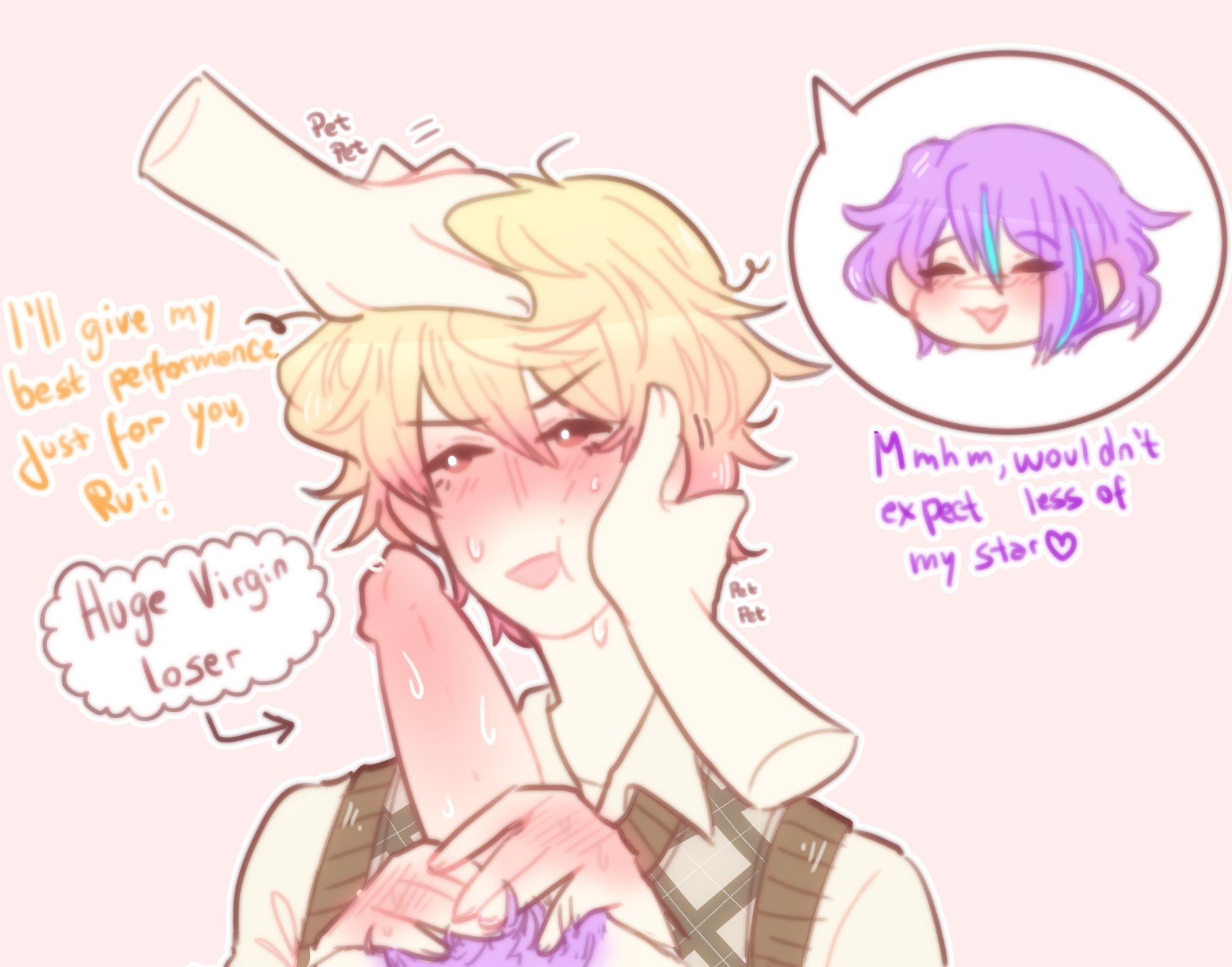 2boys, 69pink lemonade, blowjob, english text, gay, kamishiro rui, male, project sekai, ruikasa, tenma tsukasa
