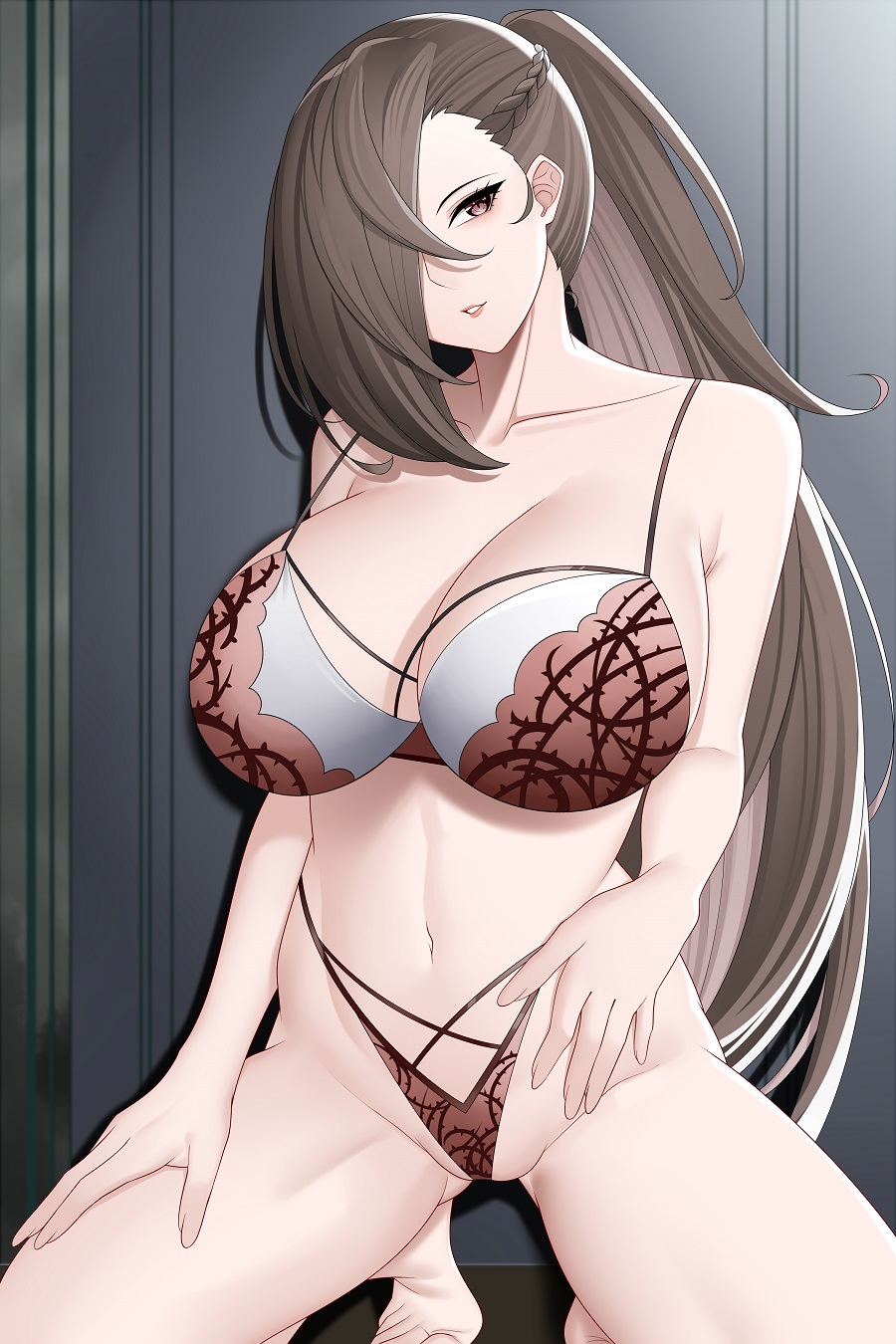 1girls aslindsamure ass_visible_through_thighs bare_shoulders bare_thighs barefoot bra breasts brown_eyes brown_hair brown_panties cleavage collarbone female female_only fire_emblem fire_emblem_fates grin hair_over_one_eye kagero_(fire_emblem) large_breasts long_hair looking_at_viewer nintendo ponytail shoulders smile solo squatting thighs underwear very_long_hair