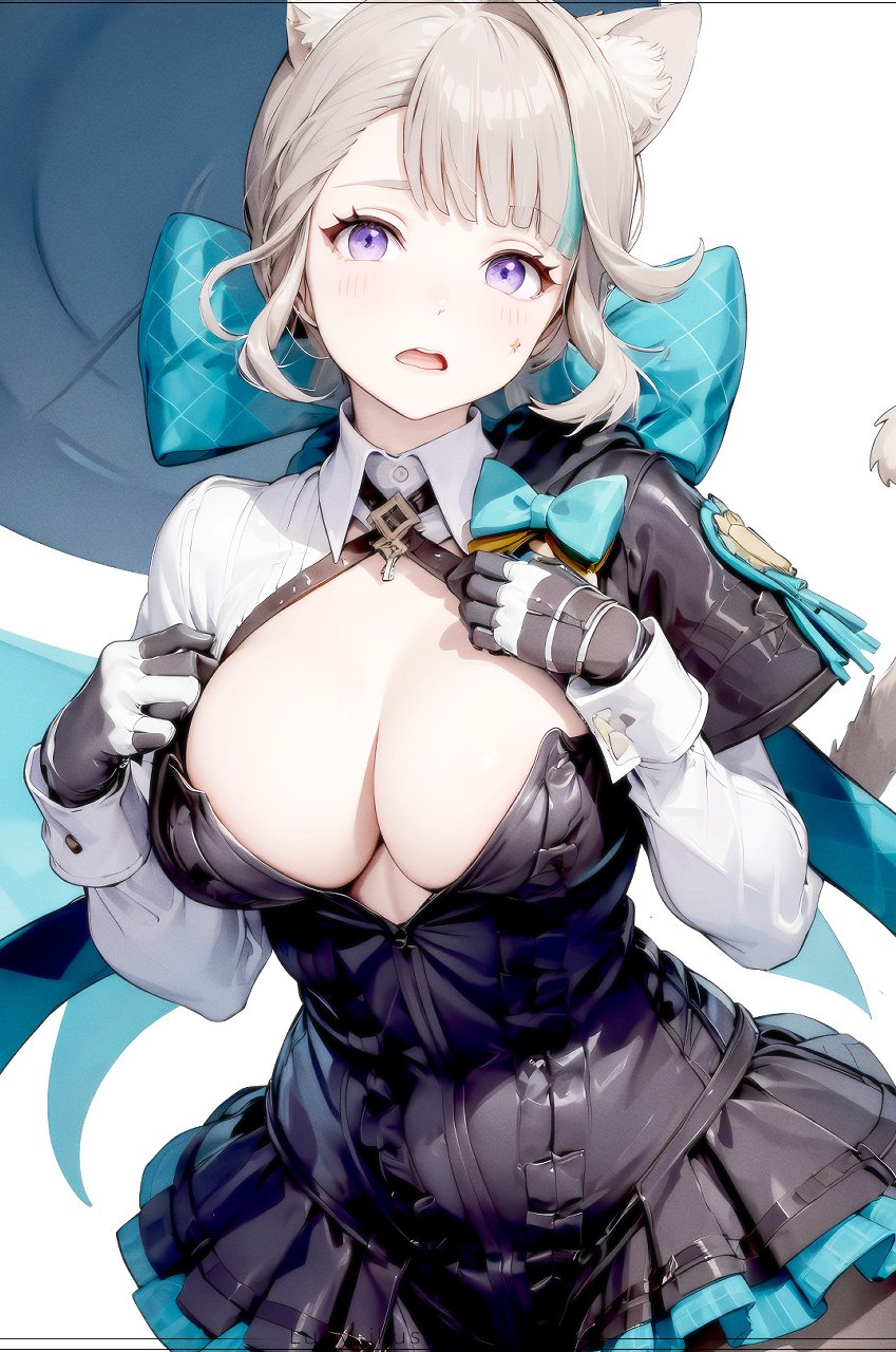 1girls, ai generated, blush, bow, breasts, cat ears, cat girl, cat humanoid, catgirl, cleavage, dress, female, genshin impact, gloves, hair ribbon, large breasts, lynette (genshin impact), open mouth, purple eyes, solo