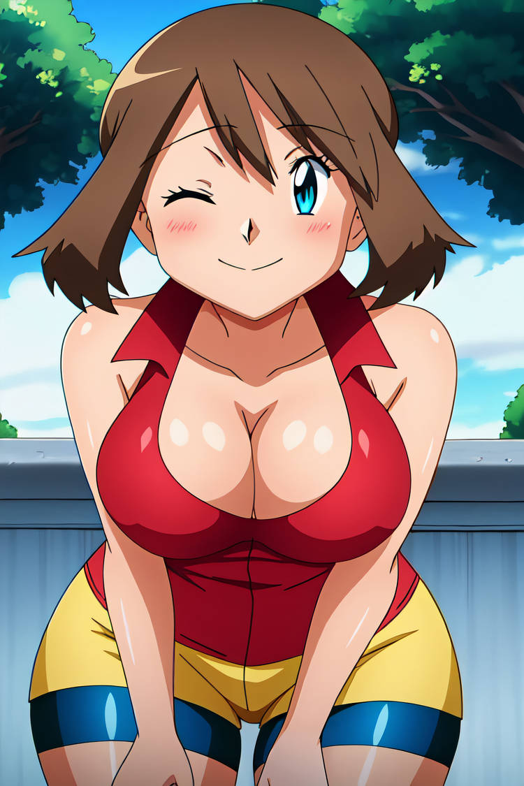 ai_generated bent_over big_breasts bike_shorts blue_eyes blush brown_hair busty cleavage creatures_(company) curvy female female_only front_view game_freak hi_res highres may_(pokemon) nintendo pokemon pokemon_(game) pokemon_trainer red_shirt seraphim_ai smile solo spandex stable_diffusion wink winking winking_at_viewer