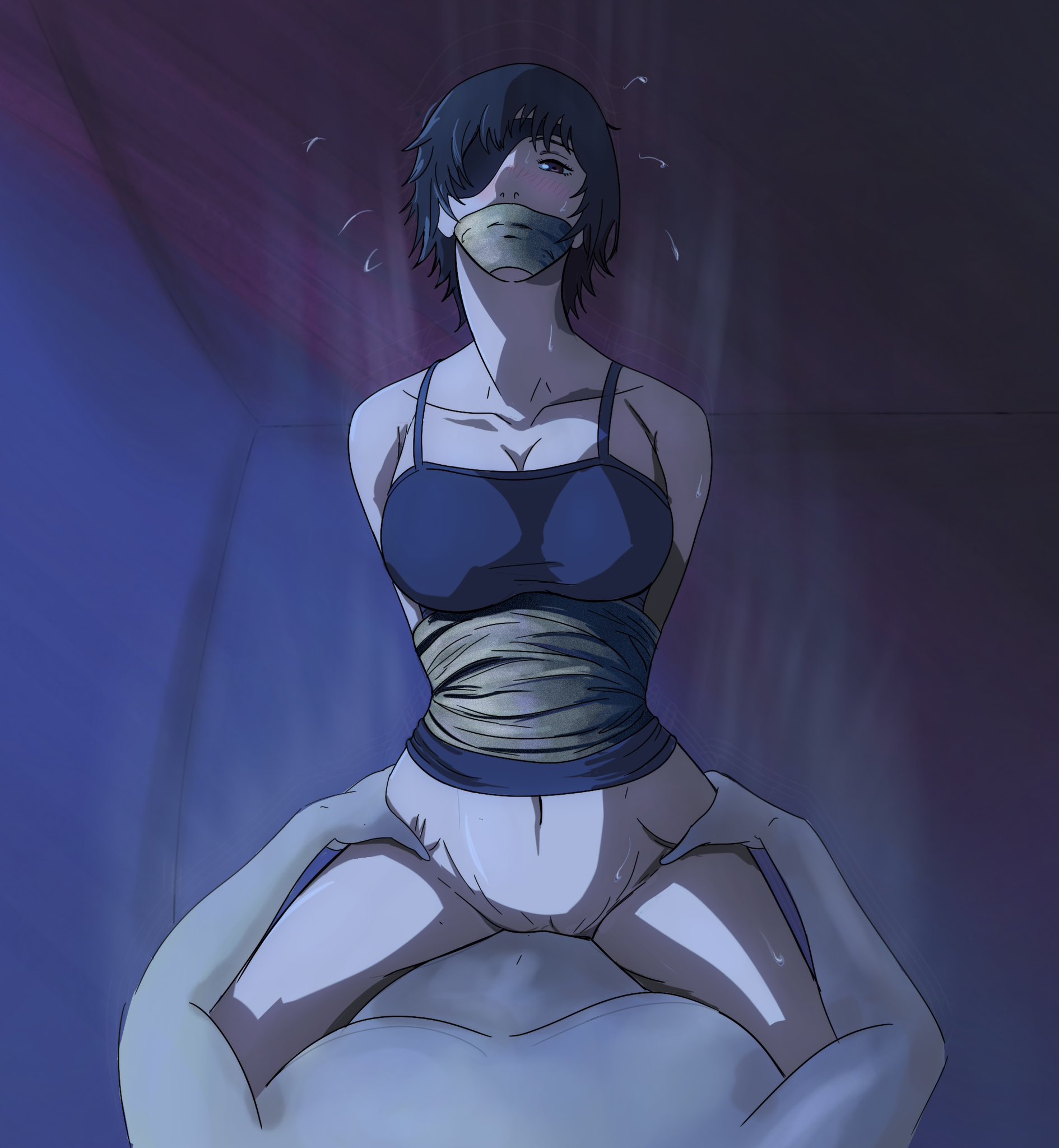 1boy, 1girls, arms tied behind back, artist request, big breasts, blush, bondage, breasts, chainsaw man, cowgirl position, excited, female, female focus, half naked, half-dressed, hand on thigh, himeno (chainsaw man), kidnapped, large breasts, male, penetration, penis, penis in pussy, pussy, sex, thick thighs