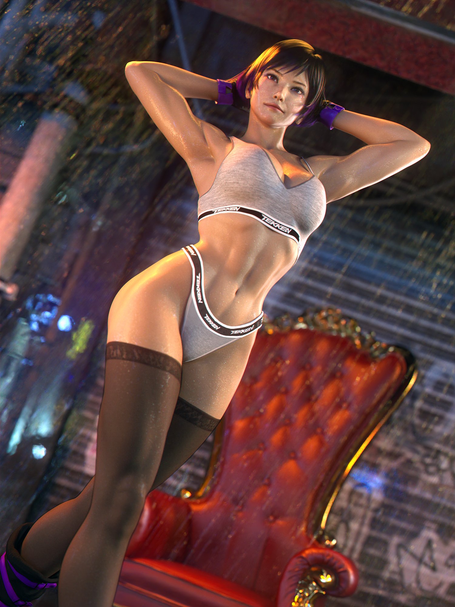 1girls, 3d, armpits, big breasts, black and purple hair, black hair, breasts, chest, curvaceous, curvy, curvy figure, digital media (artwork), eyebrows, eyelashes, eyes, female, female focus, female only, fit, fit female, hair, hips, hourglass figure, human, large breasts, legs, light skin, light-skinned female, lips, mature, mature female, namco, purple hair, reina mishima, slim waist, solo, stockings, tekken, tekken 8, thick, thick legs, thick thighs, thigh highs, thighhighs, thighs, top heavy, waist, wide hips, word2