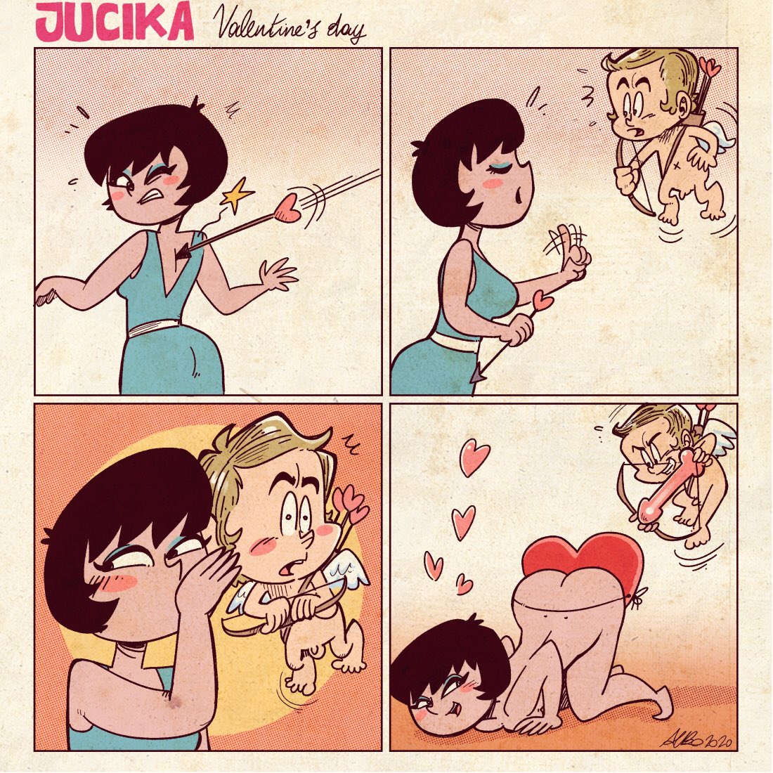 1boy 1girls albo angel_wings arrow bent_over blonde_male blue_dress blush comedy cupid cupid's_arrow fancomic female funny heart hearts humor jucika male male/female size_difference small_penis smaller_male text valentine's_day whispering