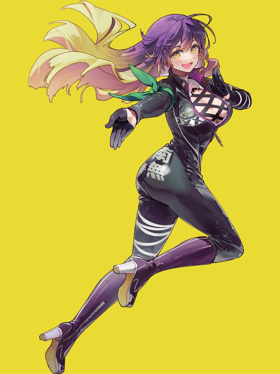 bodysuit boots breasts cleavage commentary_request cross-laced_clothes female gloves gradient_hair high_heel_boots high_heels highres hijiri_byakuren large_breasts long_hair looking_at_viewer multicolored_hair purple_hair second-party_source simple_background smile solo syuri22 touhou turbo_byakuren yellow_background