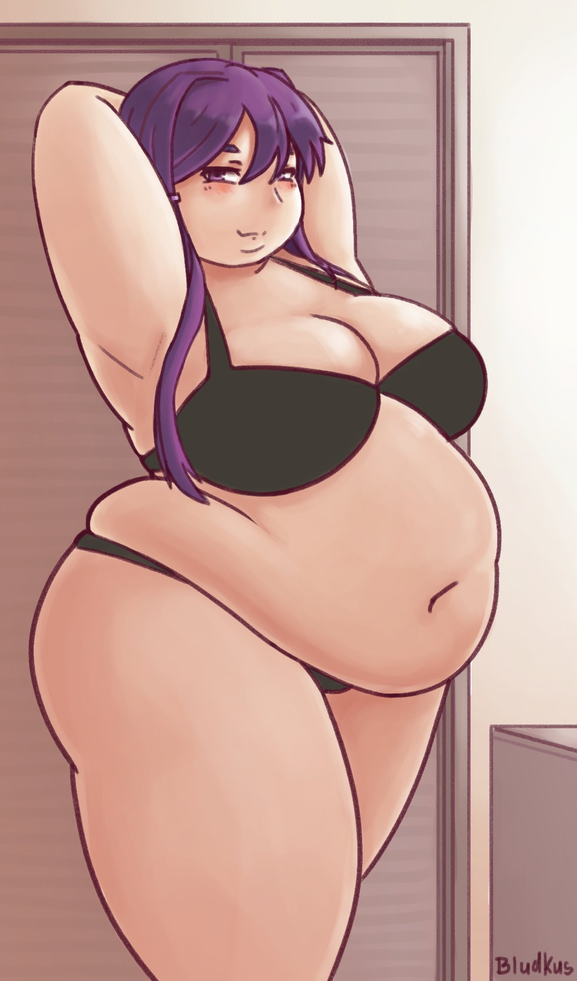 1girls bbw belly belly_button belly_overhang bludkus doki_doki_literature_club double_chin fat fat_rolls obese purple_hair sequence smug underwear weight_gain yuri_(doki_doki_literature_club)