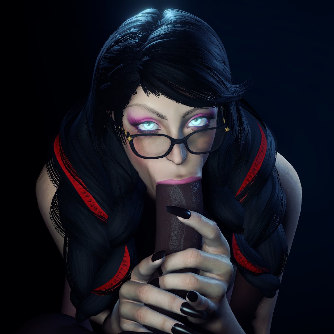 :>=, 3d, bayonetta, bayonetta (character), bayonetta 3, blowjob, blowjob face, british female, dark skin, dark-skinned male, eye contact, fellatio, female, interracial, male, platinum games, sega, stoneddude