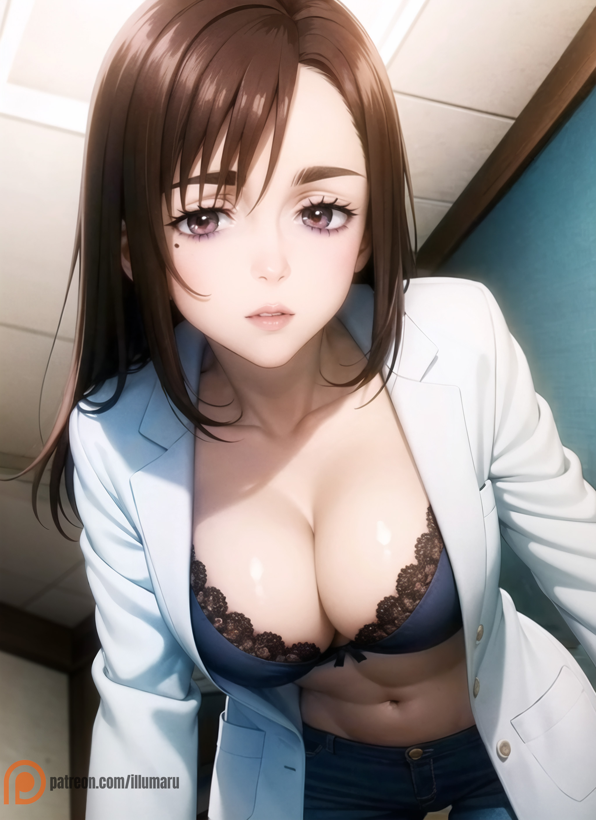 1girls, 2024, ai generated, bent over, blue bra, bra, breasts, brown eyes, brown hair, cleavage, coat, detailed, doctor, emotionless, empty eyes, expressionless, female, female only, from below, gloves, hi res, illumaru, indoors, jujutsu kaisen, large breasts, long hair, long sleeves, looking at viewer, looking down, mature female, milf, mole, mole under eye, nurse, parted lips, pov, shoko ieiri, solo, stable diffusion, underwear, upper body, white coat