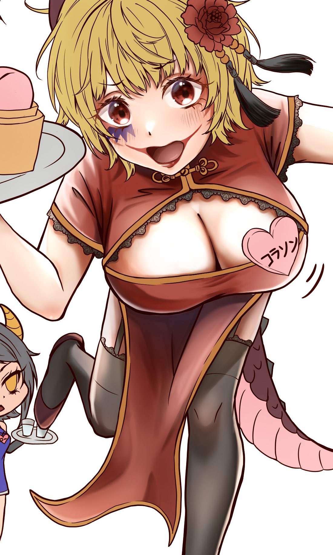 2024 2girls big_breasts black_legwear black_thighhighs blonde_hair blush china_dress chinese_clothes cleavage cleavage_cutout clown_makeup donquixote_rosinante dragon_tail female female_only garter_straps genderswap_(mtf) hair_ornament leaning_forward lipstick looking_at_viewer makeup name_tag one_piece red_eyes red_lipstick ringosandane rule_63 short_hair solo_focus stockings thighhighs trafalgar_law trafalgar_law_(female) tray tripping waitress year_of_the_dragon