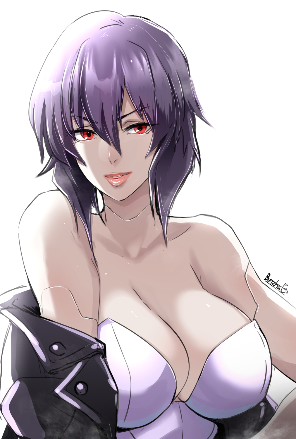 1girls, bare shoulders, breasts, butcha-u, cleavage, collarbone, female, ghost in the shell, hair between eyes, highres, jacket, kusanagi motoko, large breasts, leotard, light skin, light-skinned female, lips, looking at viewer, open clothes, open jacket, parted lips, purple hair, red eyes, short hair, signature, simple background, solo, strapless, strapless leotard, underwear, white background