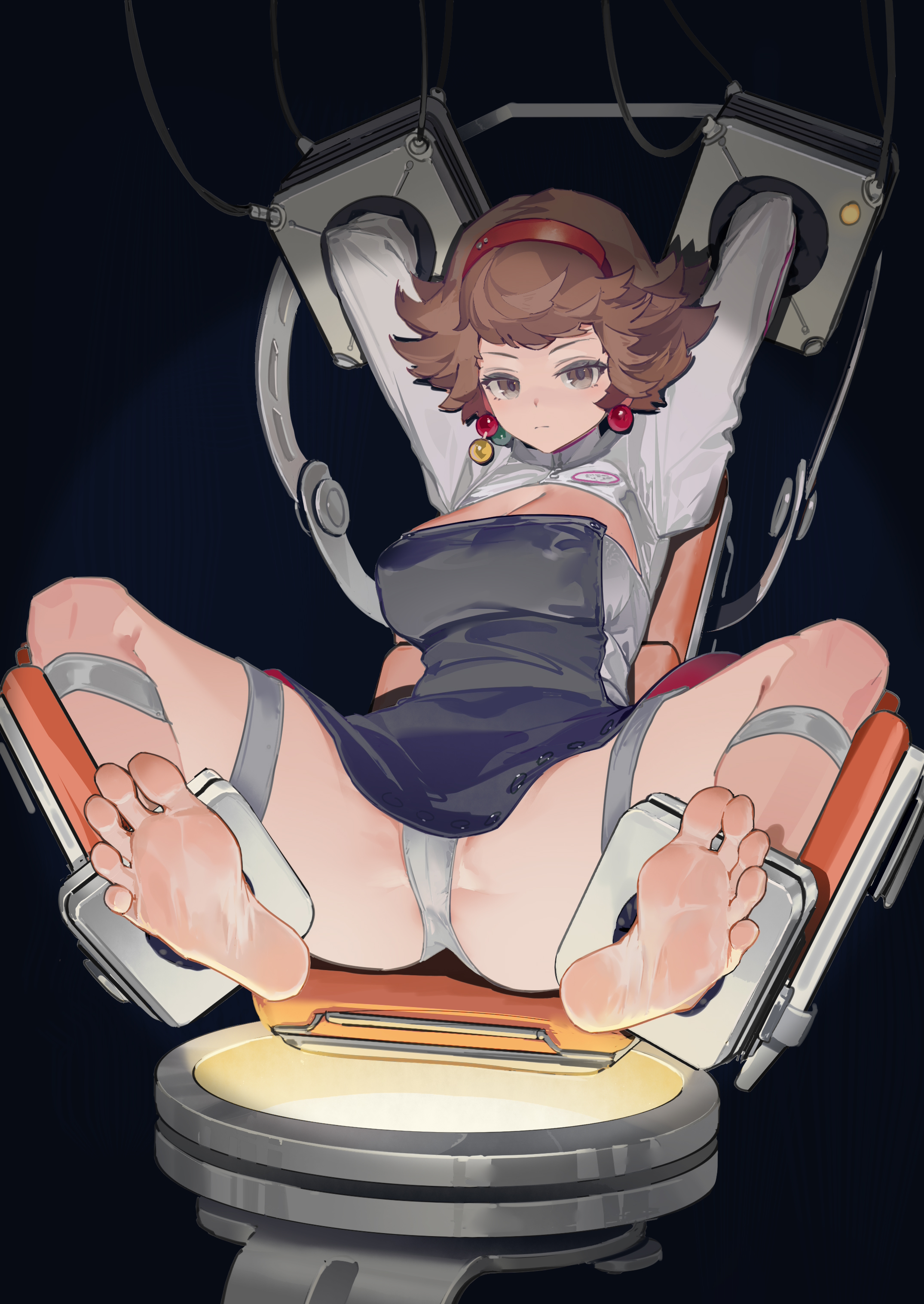 1girls, big breasts, black dress, bondage, bound, bound ankles, bound wrists, breasts, brown eyes, brown hair, cleavage, dress, earrings, expressionless, feet, female, foot focus, hairband, jewelry, light skin, light-skinned female, long sleeves, looking at viewer, mesmer jr., panties, restrained, reverse:1999, short dress, short hair, solo, thighs, upskirt, white panties