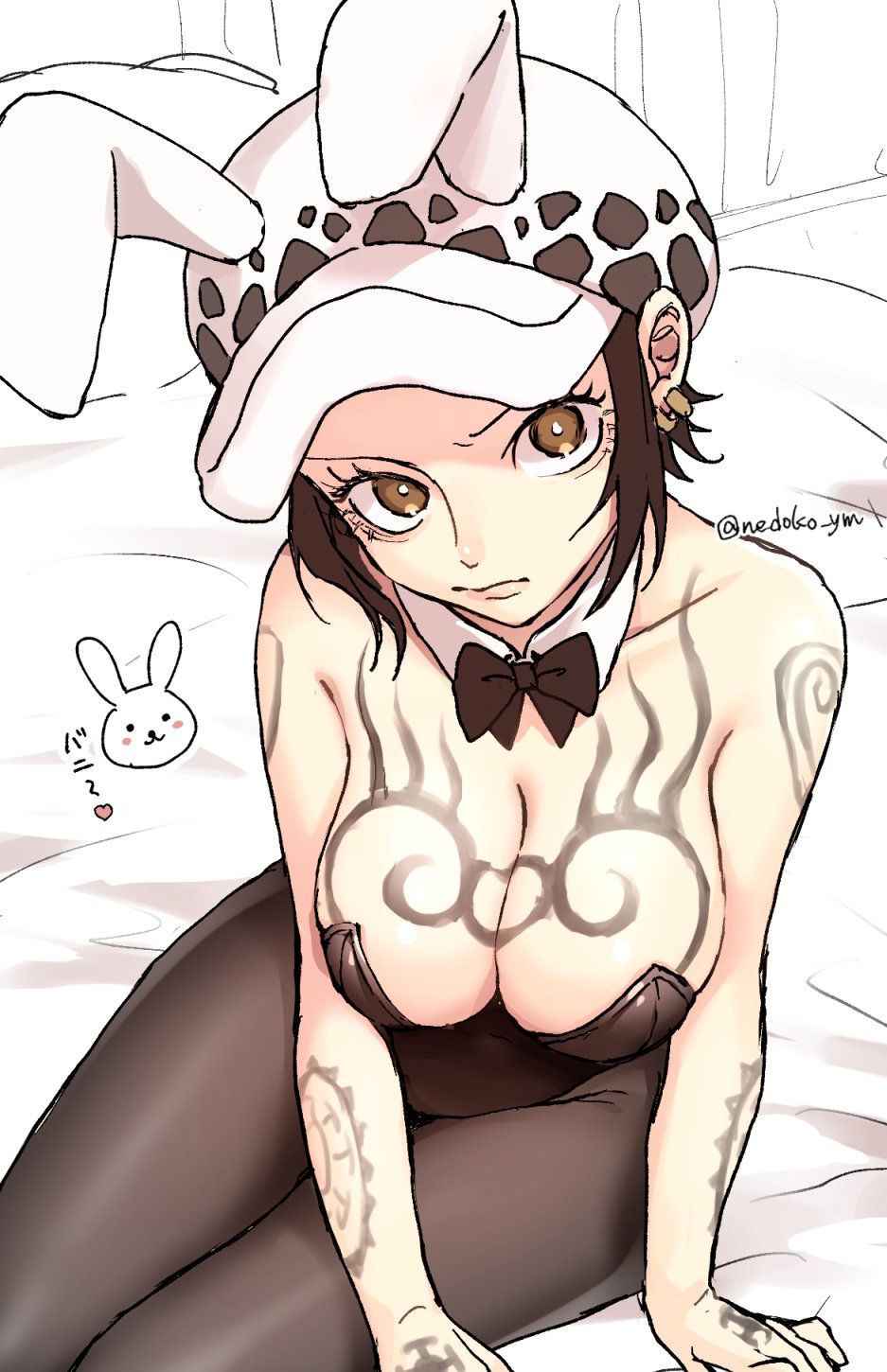 1girls, arm tattoo, artist name, bed, big breasts, black hair, boobs, bowtie, breast tattoo, breasts, bunny ears, bunny girl, bunnysuit, chest tattoo, cleavage, color, detached collar, earrings, female, female only, genderswap, genderswap (mtf), hat, light skin, light-skinned female, looking at viewer, mostly clothed, nedoko ym, on bed, one piece, pantyhose, playboy bunny, rule 63, short hair, shounen jump, sitting, solo, solo female, tattoo, tattoos, trafalgar law, trafalgar law (female), twitter, twitter username, upper body, yellow eyes