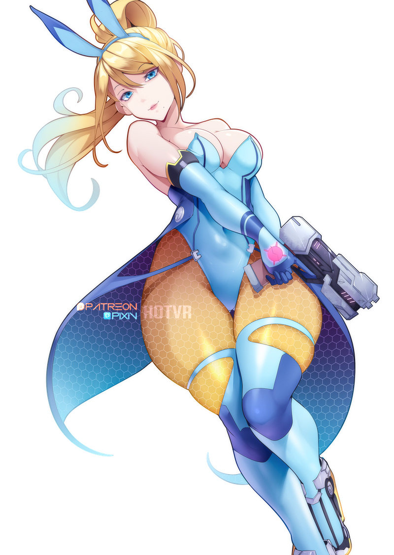 1girls, bimbo, blonde hair, blue eyes, blue leotard, breasts, bunny ears, bunnysuit, elbow gloves, fake animal ears, female, gloves, gun, high heels, holding gun, hotvr, large breasts, leotard, looking at viewer, metroid, mole, mole under mouth, nintendo, pantyhose, playboy bunny, ponytail, samus aran, solo, stun gun, thighhighs