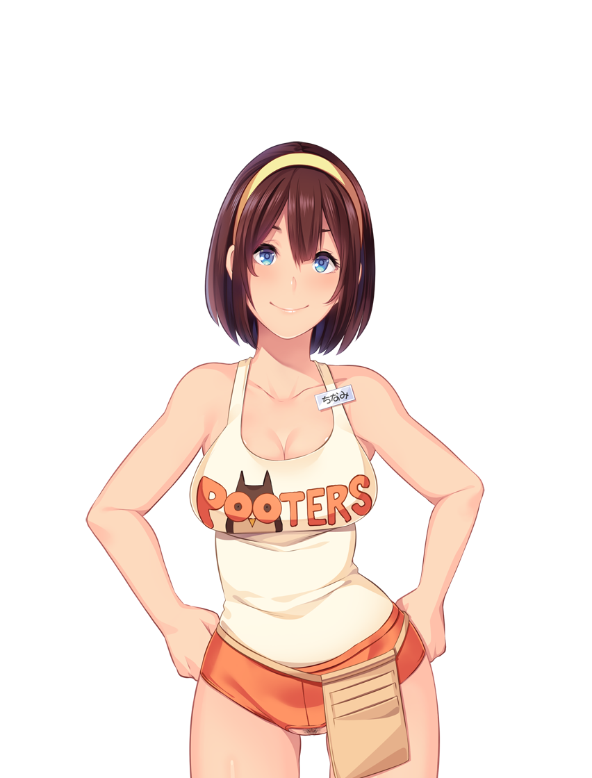 bare_arms bare_legs bare_shoulders blue_eyes blush breasts brown_hair butcha-u cleavage closed_mouth crotchless eyelashes female game_cg hair_between_eyes hairband hands_on_hips hooters kenzen!_hentai_seikatsu_no_susume large_breasts legs looking_at_viewer maezono_chinami name_tag orange_shorts original pubic_hair short_hair short_shorts shorts simple_background sleeveless smile solo standing tank_top thighs transparent_background yellow_hairband