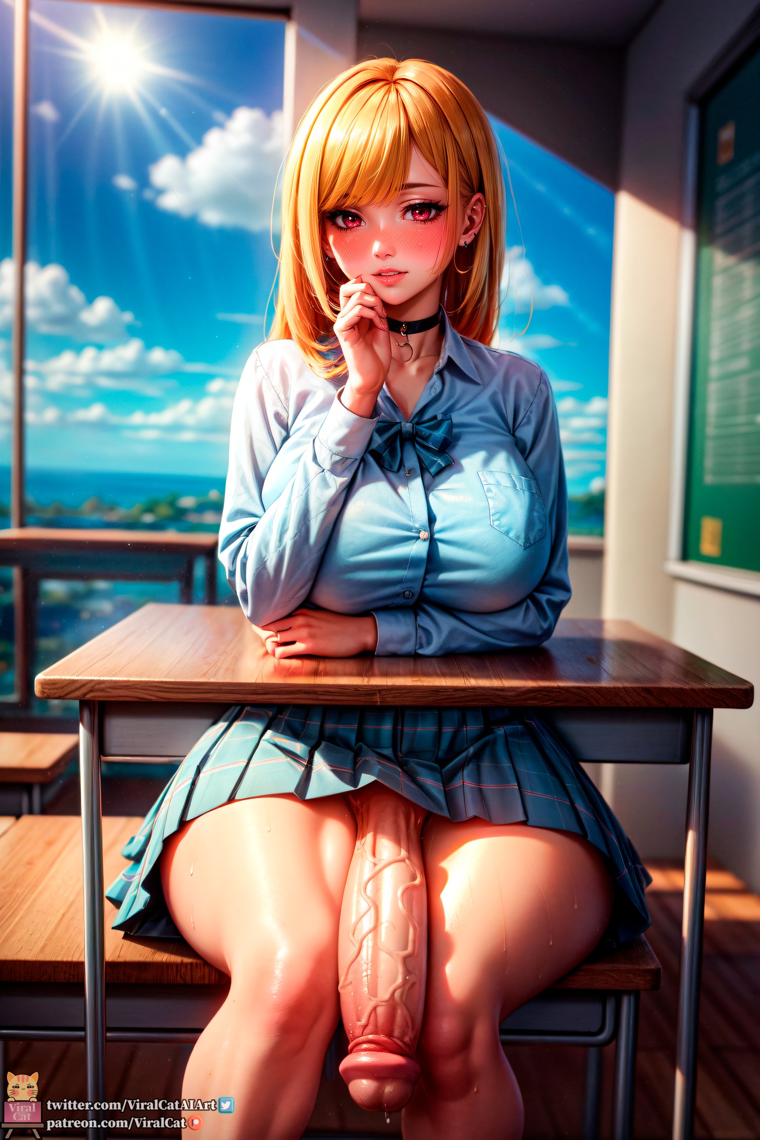 1futa, ai generated, big penis, classroom, futa only, futanari, hyper penis, intersex, kitagawa marin, looking at viewer, penis, school uniform, sitting, sono bisque doll wa koi wo suru, taker pov, under table, viralcat
