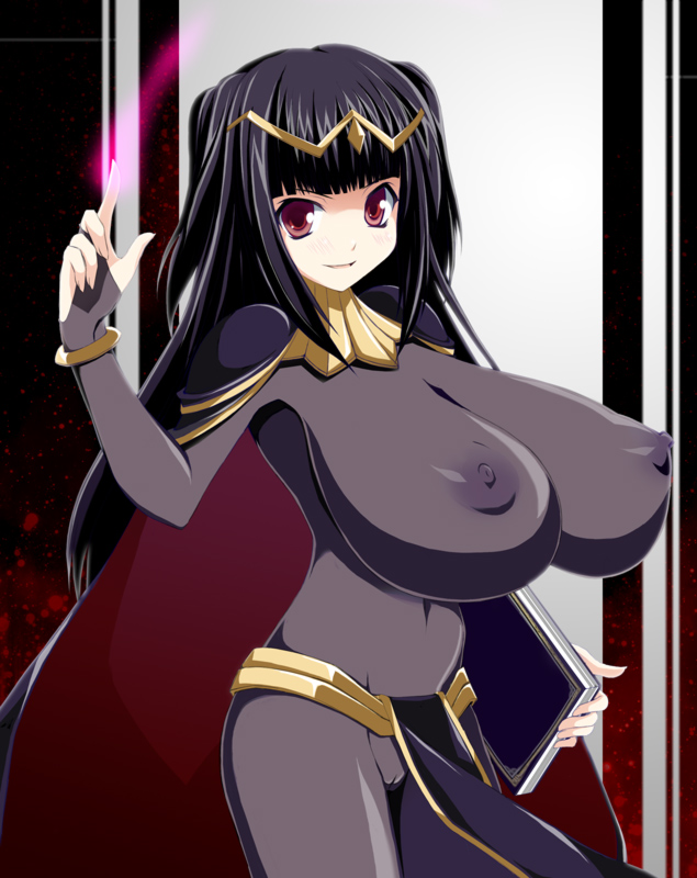 1girls black_hair bodystocking bodysuit book bracelet breasts female female_only fire_emblem fire_emblem_awakening huge_breasts jewelry long_hair navel nintendo nipples pelvic_curtain red_eyes solo tharja_(fire_emblem) womi