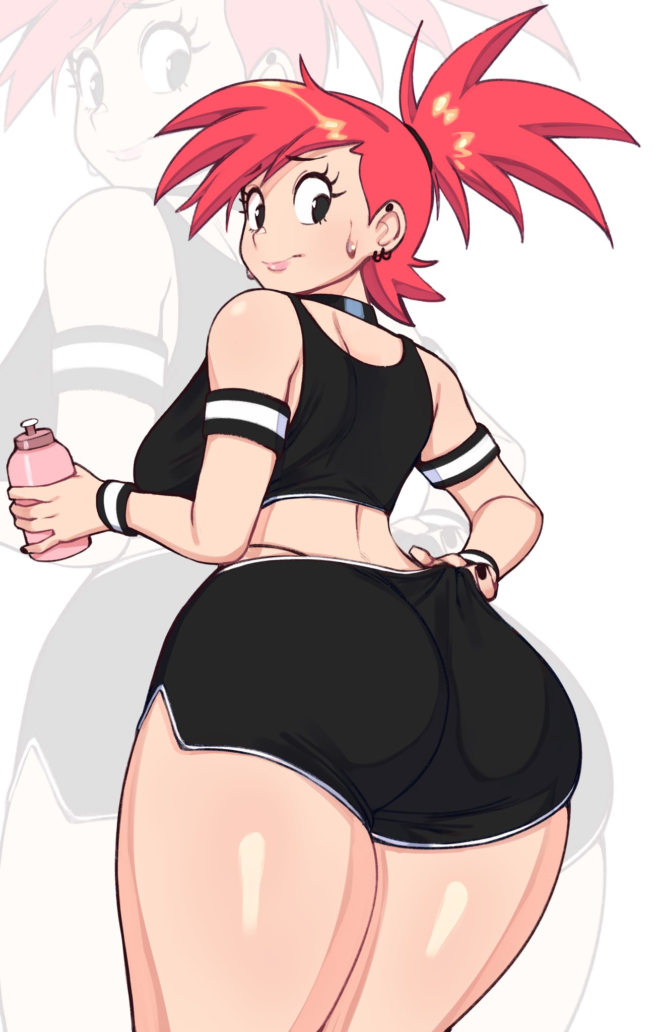 1girls, 2024, 2d, 2d (artwork), adjusting clothes, ass, big ass, big breasts, big thighs, black eyes, breasts, clothing, digital media (artwork), dolphin shorts, ear piercing, earrings, female, female only, foster's home for imaginary friends, frankie foster, holding object, human, light skin, light-skinned female, long hair, looking at viewer, looking back, mossy (artist), painted nails, pink lips, pink lipstick, pony tail, ponytail, red hair, shiny ass, shiny breasts, shiny hair, shiny skin, solo, solo female, sports bra, sweat, thighs, thong, thong above shorts, thong straps, water bottle, workout, workout clothes, worried, worried expression