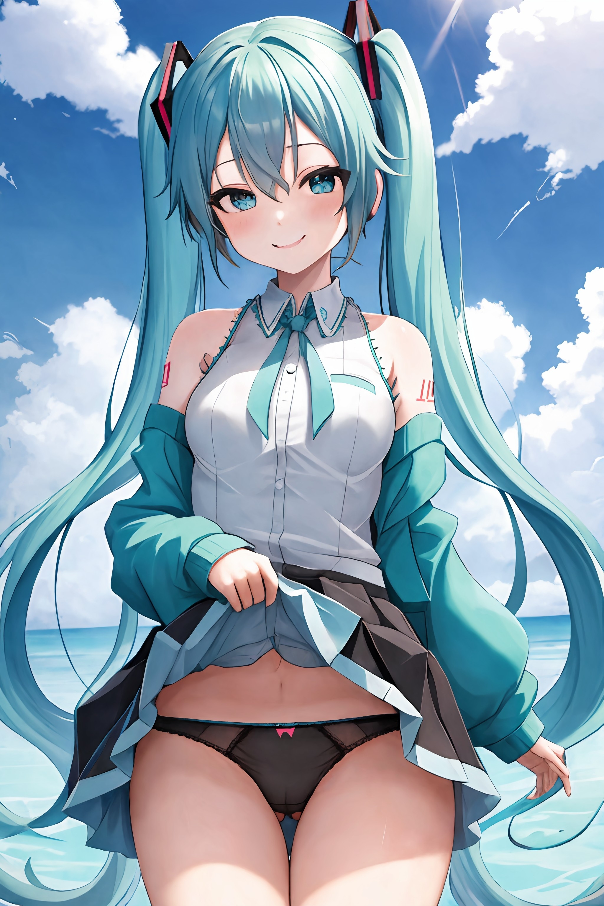 1girl, 1girls, ai generated, ai hands, aqua eyes, aqua hair, ass visible through thighs, bangs, bare shoulders, black panties, black skirt, blue eyes, blue sky, blush, bow, bow panties, breasts, cameltoe, closed mouth, clothes lift, cloud, collared shirt, cowboy shot, day, female, female only, fully clothed, hair ornament, hatsune miku, jacket, legs, lifted by self, long hair, long sleeves, looking at viewer, medium breasts, navel, ocean, off shoulder, open clothes, open jacket, outdoors, panties, pantyhose, pleated skirt, pussy, shirt, shoulder tattoo, showing off, showing panties, skirt, skirt lift, sky, sleeveless, sleeveless shirt, small breasts, smile, solo, suggestive, tattoo, thigh gap, thighs, twintails, underwear, very long hair, vocaloid, water, white shirt