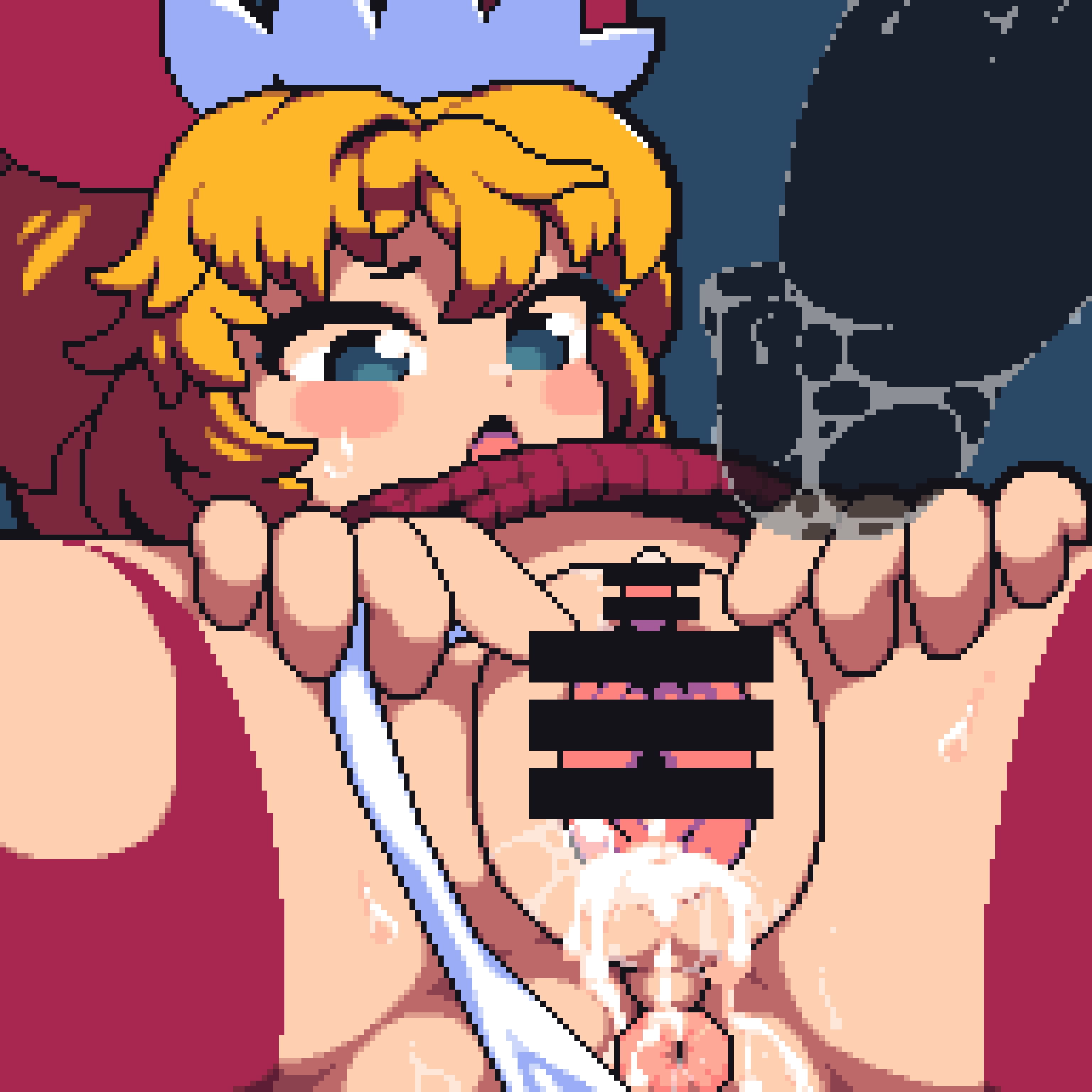 1boy absurdres after_sex after_vaginal anus bar_censor blank_censor blonde_hair blue_background blue_eyes blush censored commentary_request cookie_(touhou) cum cum_in_pussy erect_clitoris female highres medium_bangs open_mouth penis pussy shiriri_saikyo short_hair solo_focus spread_pussy sunny_milk tonchamon_san touhou