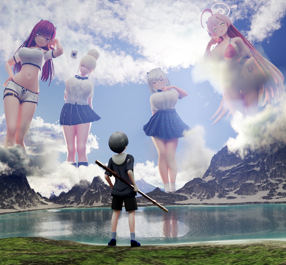 1boy 3d 3d_(artwork) 4girls big_breasts black_myth:_wukong breasts extreme_size_difference giant_woman giantess giga_giantess hanako_(blue_archive) heart heart_symbol lake light-skinned_female light_skin looking_down_at_another looking_up_at_another macro mountain_range multiple_females multiple_girls navel nyagato reference reflection reflective_water size_difference staff standing