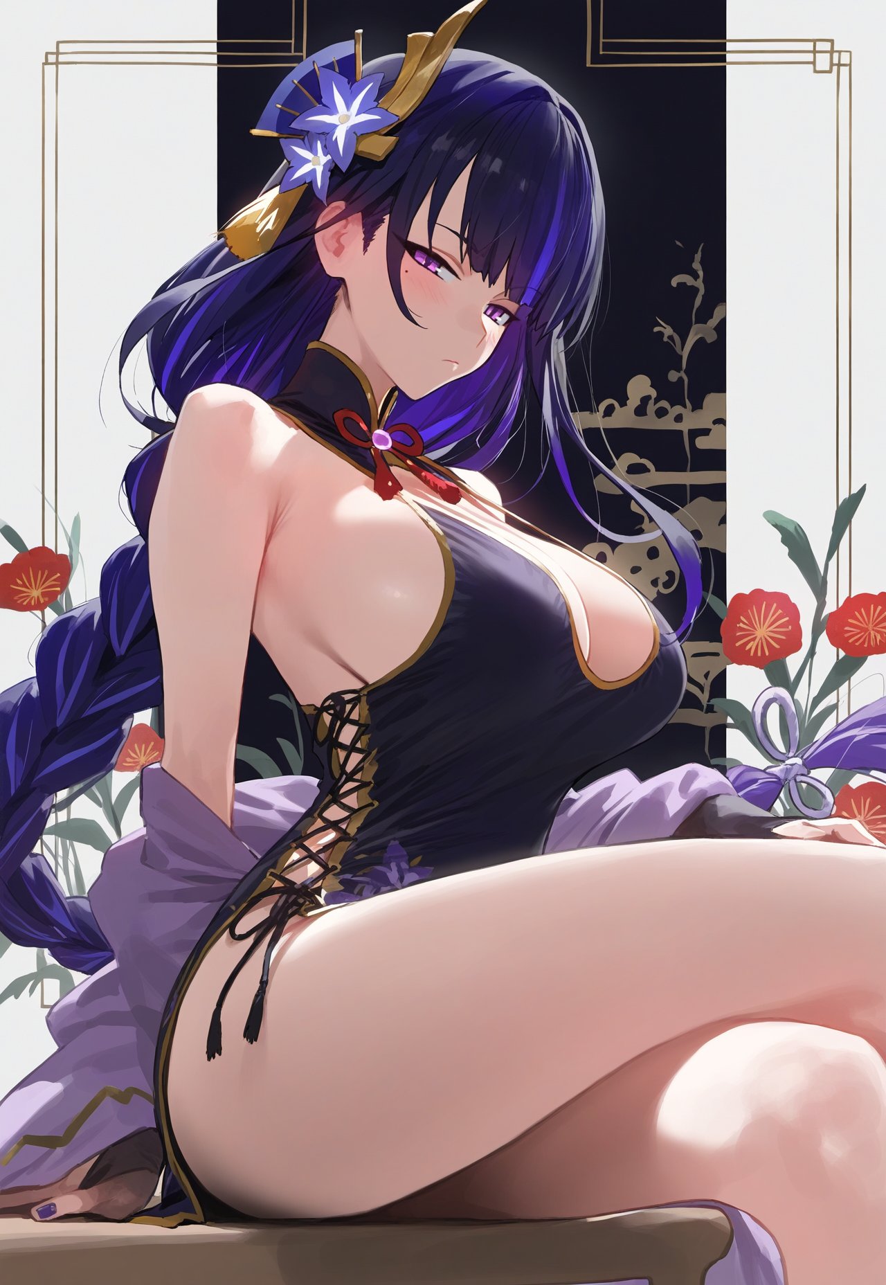 1girls, ai generated, bare legs, bare shoulders, bare thighs, beauty mark, breasts, busty, china dress, chinese clothes, crossed legs, curvaceous, female, female only, genshin impact, large breasts, legs, mature female, milf, purple eyes, purple hair, raiden shogun, sideboob, skimpy, skimpy clothes, solo, thick thighs, thighs, voluptuous