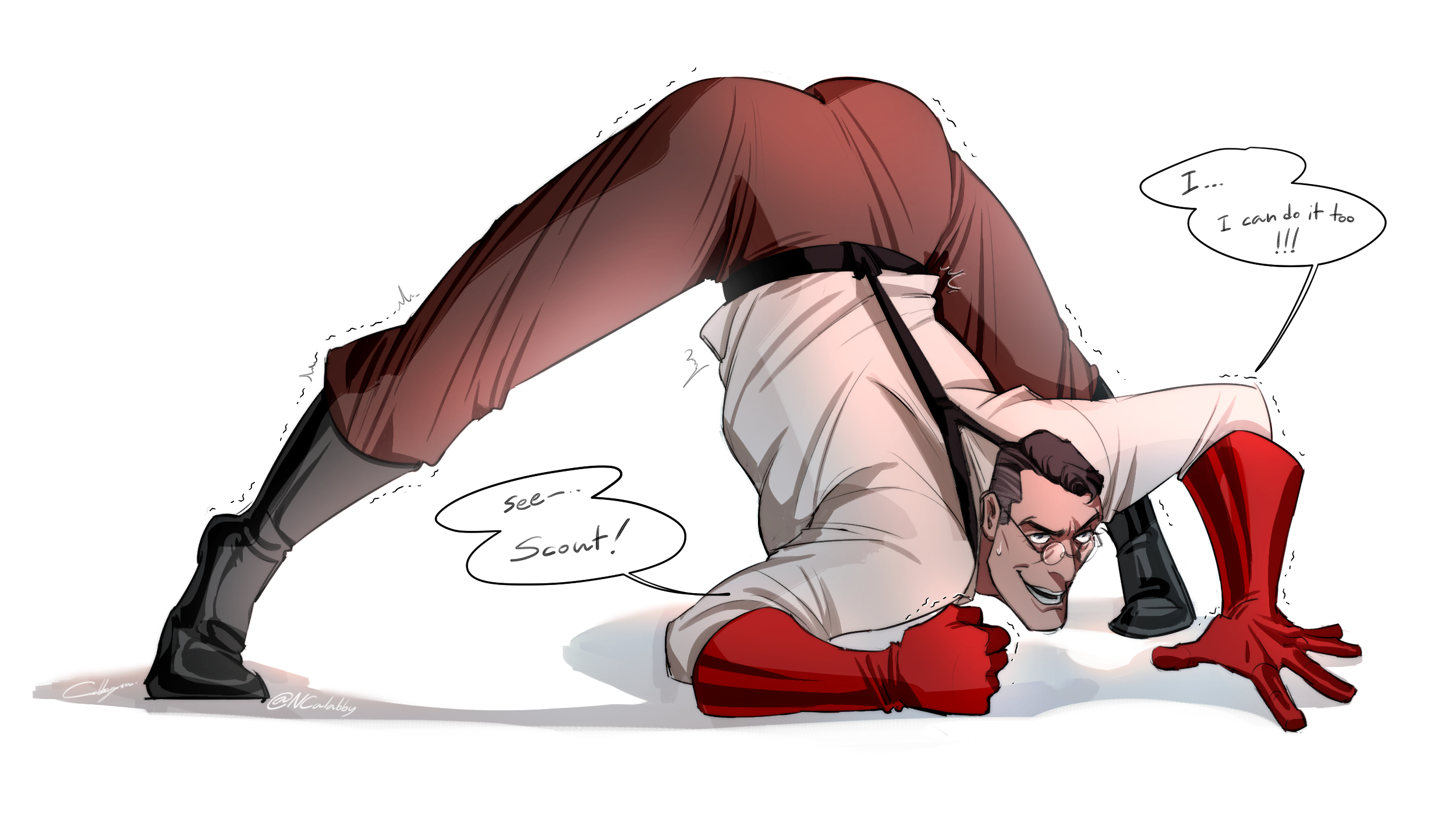 ass, ass up, bent over, egabbacc, flexible, flexible male, jack-o pose, jackochallenge, long legs, male, medic (team fortress 2), middle aged, middle aged male, older male, pain, painful, solo, suggestive, suggestive look, team fortress 2