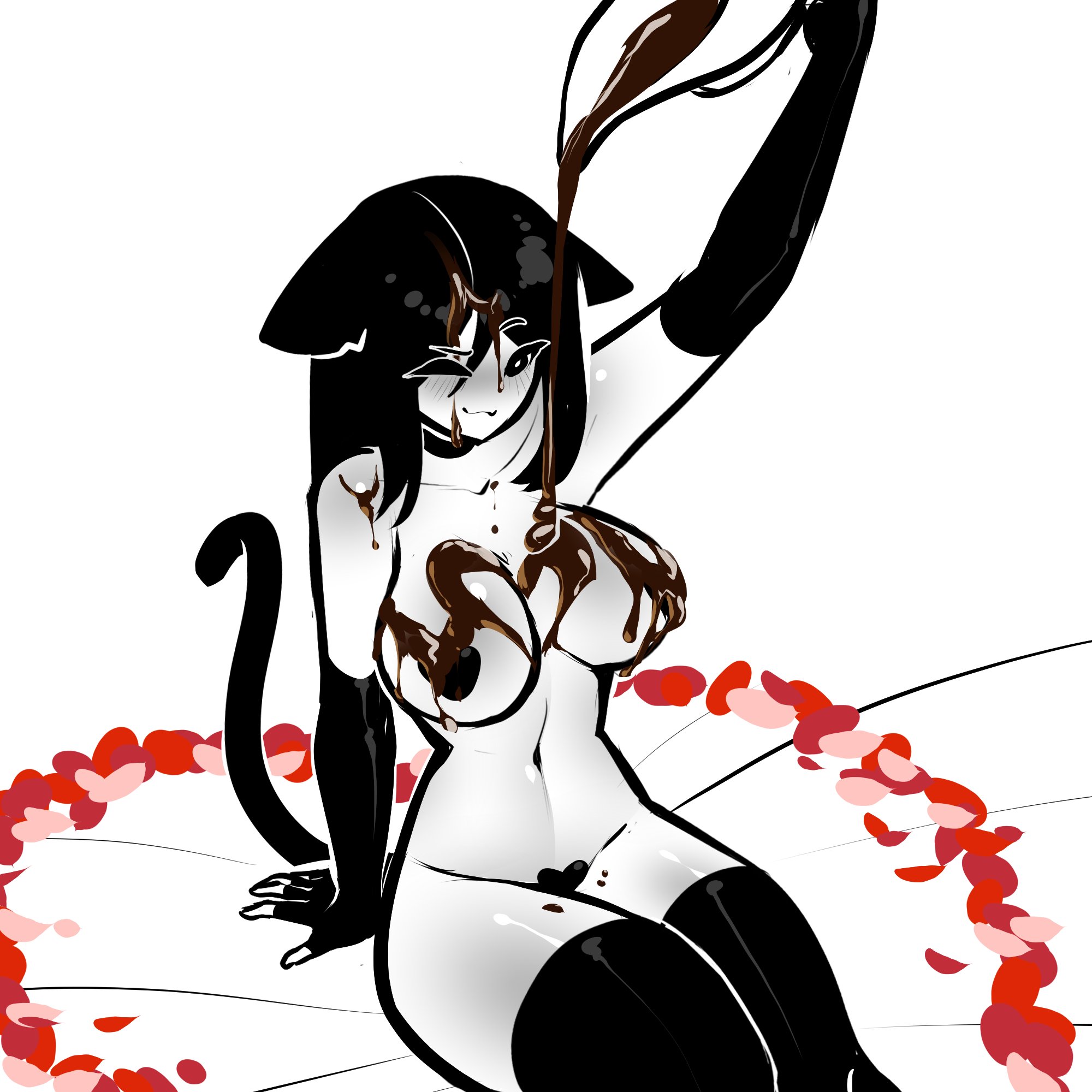 1girls, 2024, animal ears, black hair, blush, breasts, cat ears, cat girl, cat tail, catgirl, catte (tekona), chocolate, choker, elbow gloves, female, fingerless gloves, gloves, large breasts, long gloves, long hair, looking at viewer, maebari, messy, navel, one eye closed, original, pasties, rose petals, sitting, smile, tagme, tail, tekona, thighhighs, valentine's day