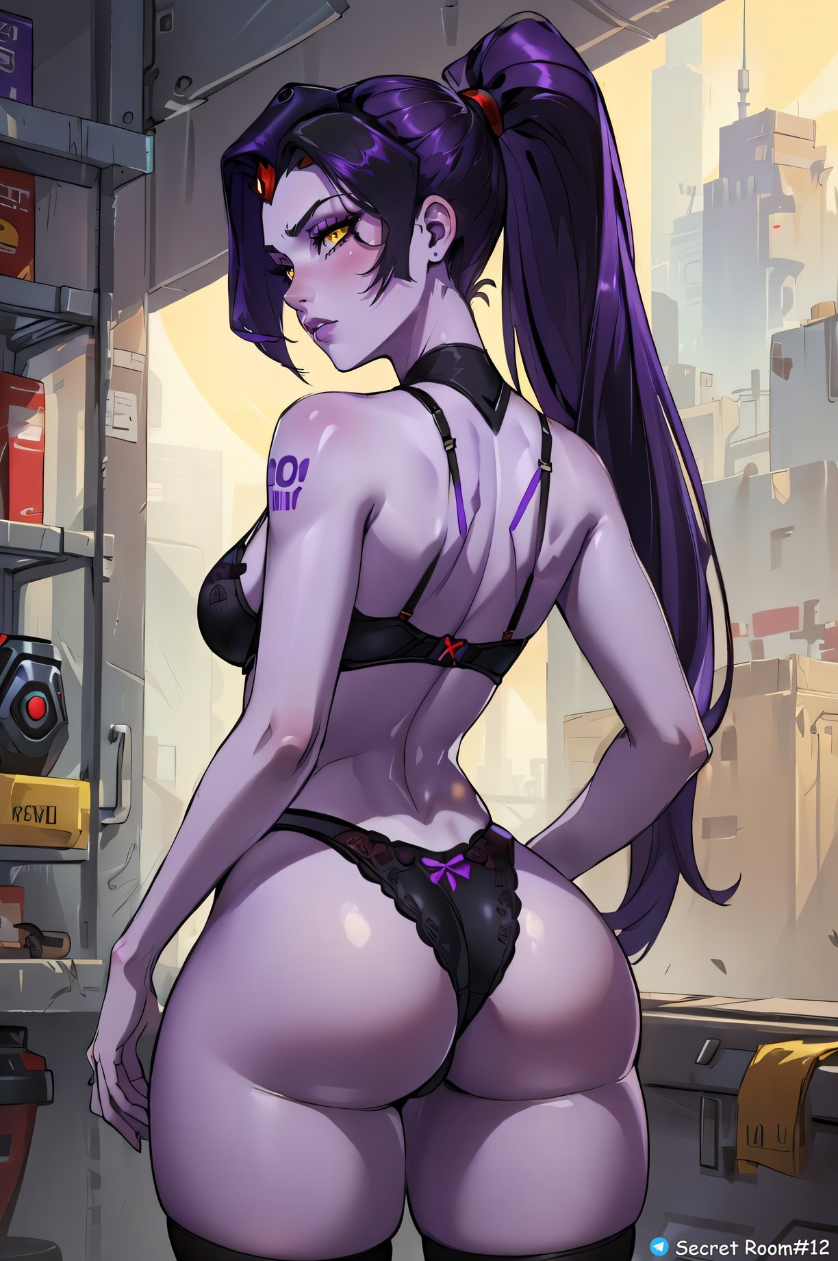 ai generated, ass, ass focus, back view, bra, female, female only, long hair, overwatch, overwatch 2, panties, purple skin, secret room12, shiny skin, solo, stable diffusion, widowmaker, yellow eyes