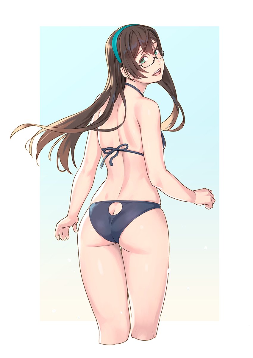 ass back_view bikini brown_hair glasses green_eyes kantai_collection long_hair looking_at_viewer looking_back ooyodo_(kantai_collection) slim_waist teenager thick_thighs yuuji_(and)