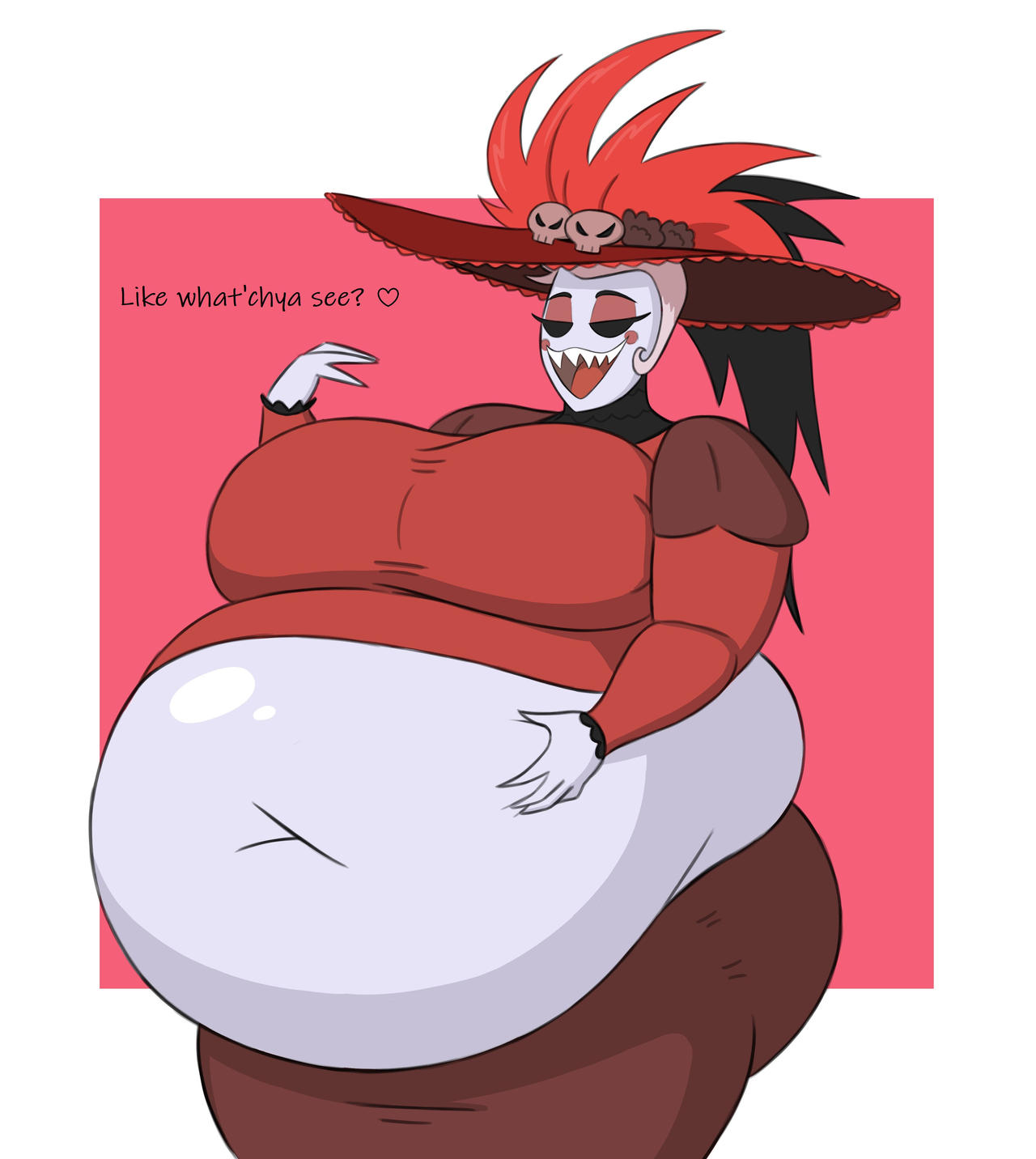 black_eyes dialogue fancy_hat fangs fat fat_ass fat_belly fat_breasts female hand_on_belly hazbin_hotel huge_belly large_breasts mizz-britt no_pupils overweight_female red_shirt rosie_(hazbin_hotel) smile vivienne_medrano weight_gain white_hair white_skin