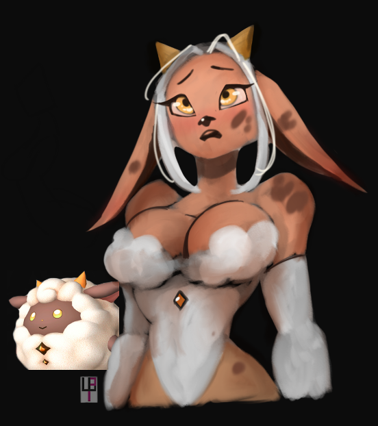 arm_sleeves big_breasts caprine cute_face dark_skin ewe hazel_eyes horns lamb lamb_ears lamball pal_(species) palworld sheep sheep_girl spots spotted_body tomphelippe vitiligo white_hair wool_(fur)