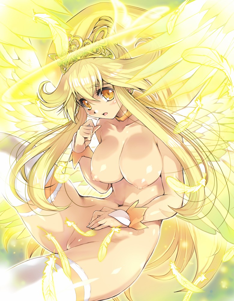 1girls angel_wings bare_shoulders blonde_hair breasts crown cure_peace female hisahiko large_breasts long_hair magical_girl naked_thighhighs navel nipples nude open_mouth orange_eyes precure pretty_cure princess_form_(smile_precure) puffy_nipples pussy smile_precure solo stockings super_form thighhighs uncensored very_long_hair white_legwear wings yayoi_kise yellow_theme yellow_wings