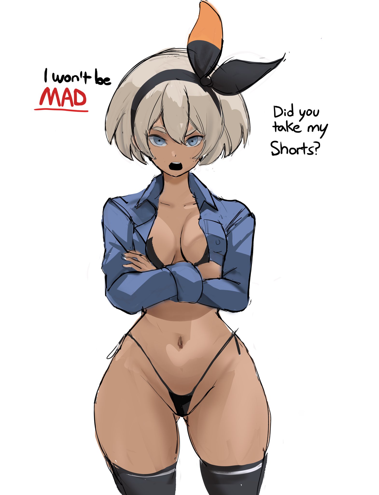 1girls, 2d, bea (pokemon), black thong, breasts, brown skin, brown-skinned female, dark skin, dark-skinned female, dialogue, english text, female, grey hair, grey-haired female, human, large breasts, nintendo, pokemon, pokemon ss, rakeemspoon, short hair, solo, stolen clothes, thick thighs, thong, wide hips