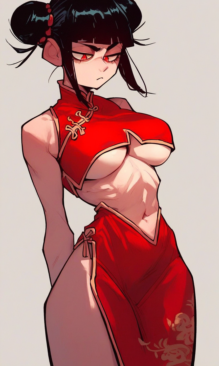 1girls ai_generated alternate_costume black_hair blunt_bangs chinese_clothes ching_shih_(kosine1777) exposed_stomach exposed_thighs hair_buns kosine1777 kosineverse large_breasts original original_character pointy_chin red_dress red_eyes thighs underboob valbun_style