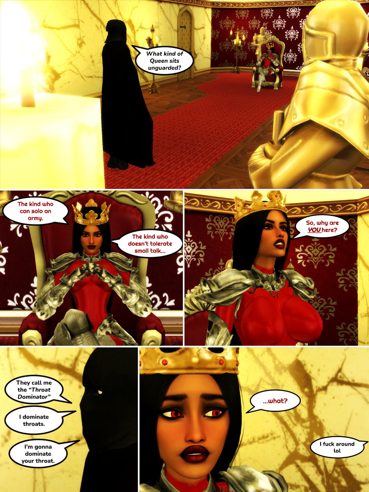 1boy 1boy1girl 1girls 3d armor armored_female comic_page dark-skinned_female dark_hair dialogue_bubble original original_character original_characters page_1 pof3445 queen requested tall_female taller_female taller_girl text text_bubble the_sims the_sims_4 throat_dom throne throne_room